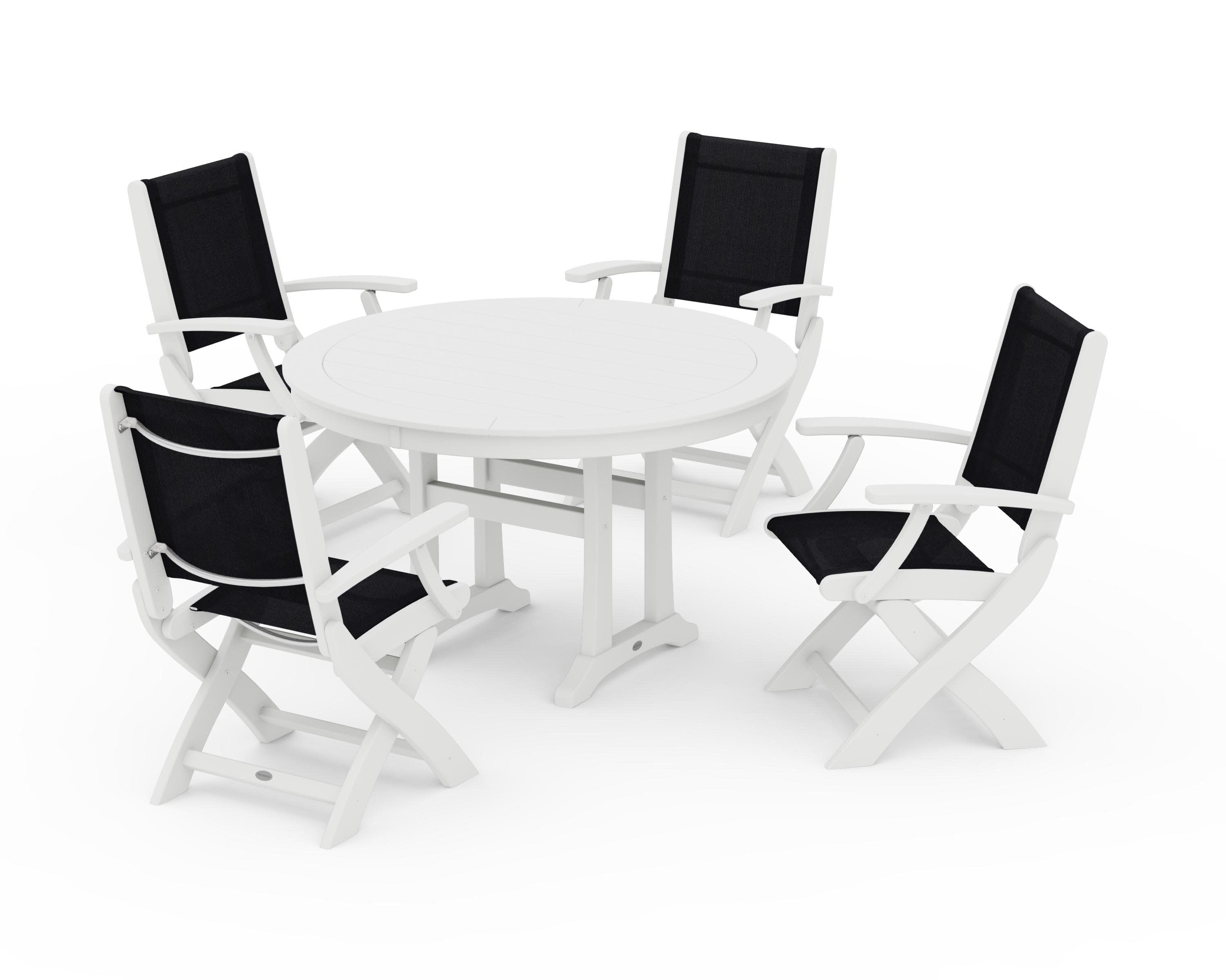 Coastal Folding Chair 5-Piece Round Dining Set with Trestle Legs in White / Black Sling