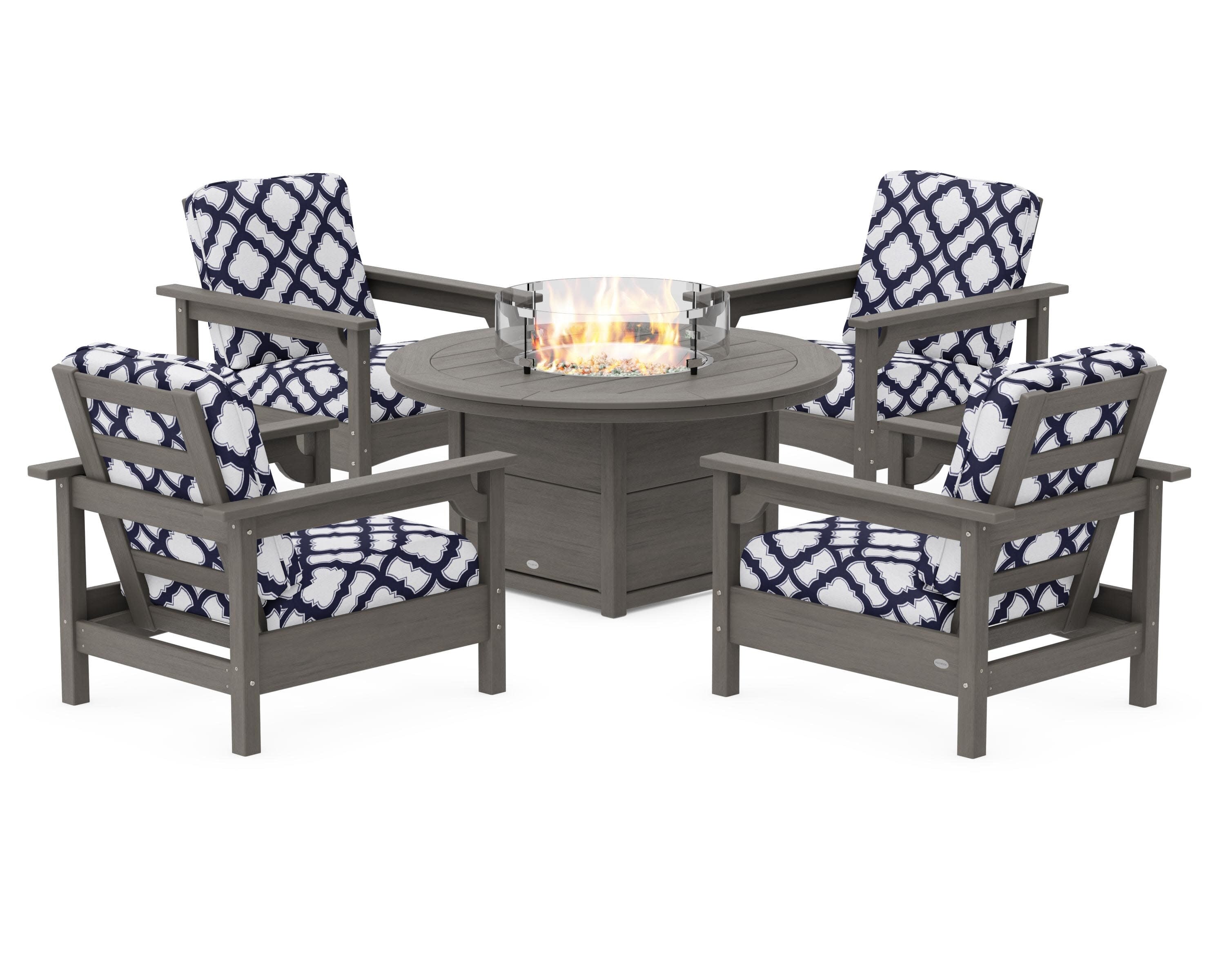 Club 5-Piece Conversation Set with Fire Pit Table in Driftwood / Trellis Navy
