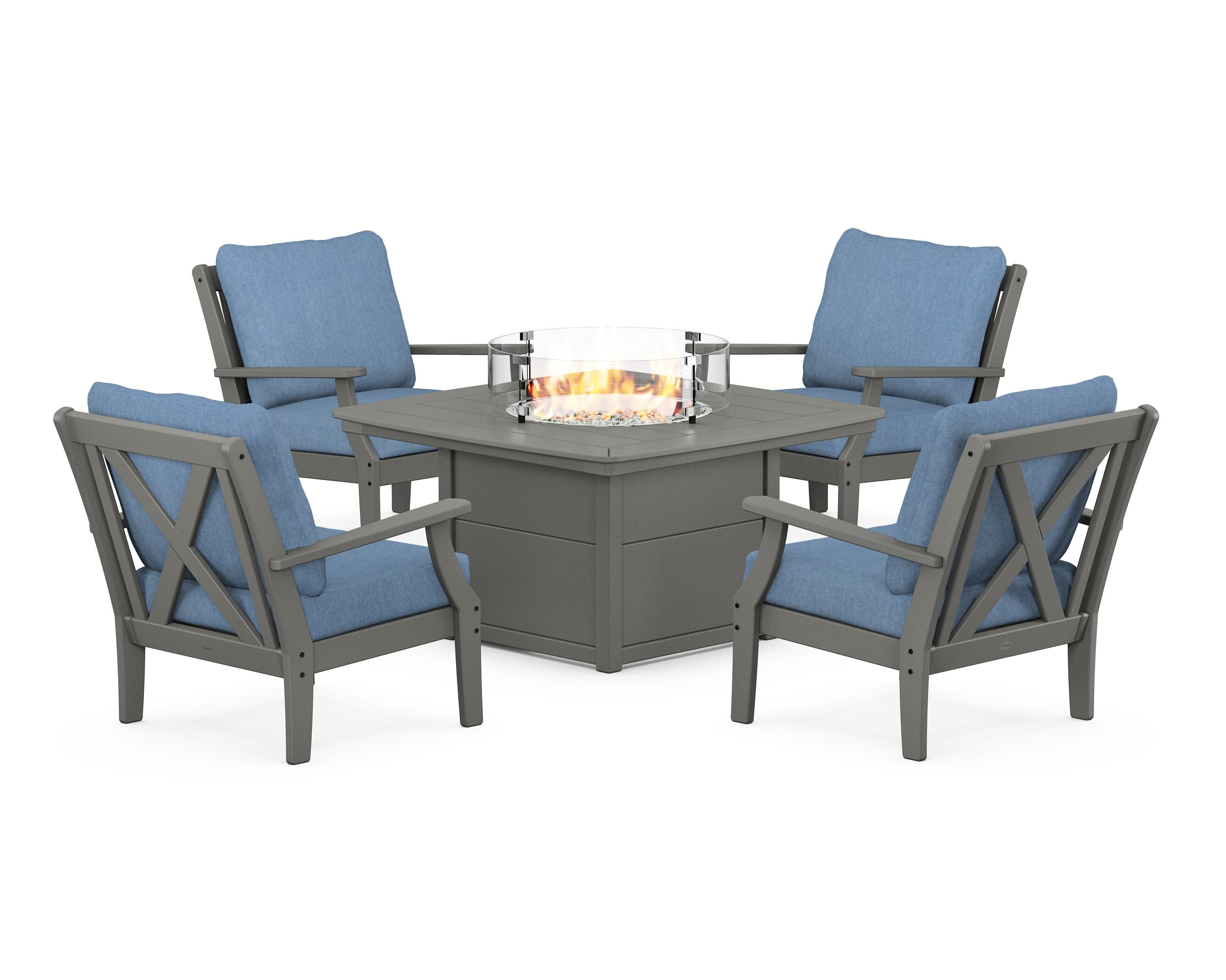Braxton 5-Piece Deep Seating Conversation Set with Fire Pit Table in Slate Grey / Sky Blue