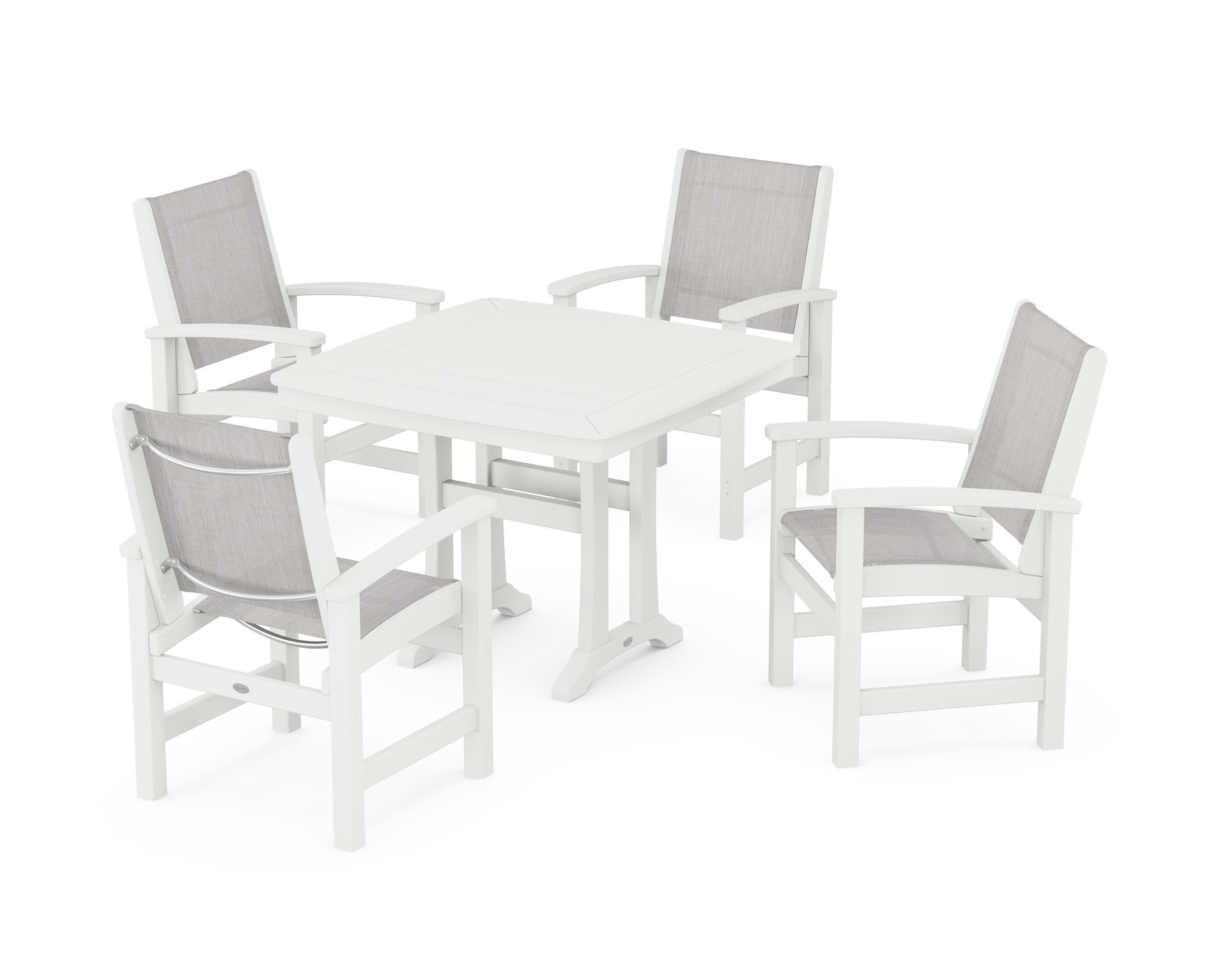 Coastal 5-Piece Dining Set with Trestle Legs in Vintage White / Parchment Sling