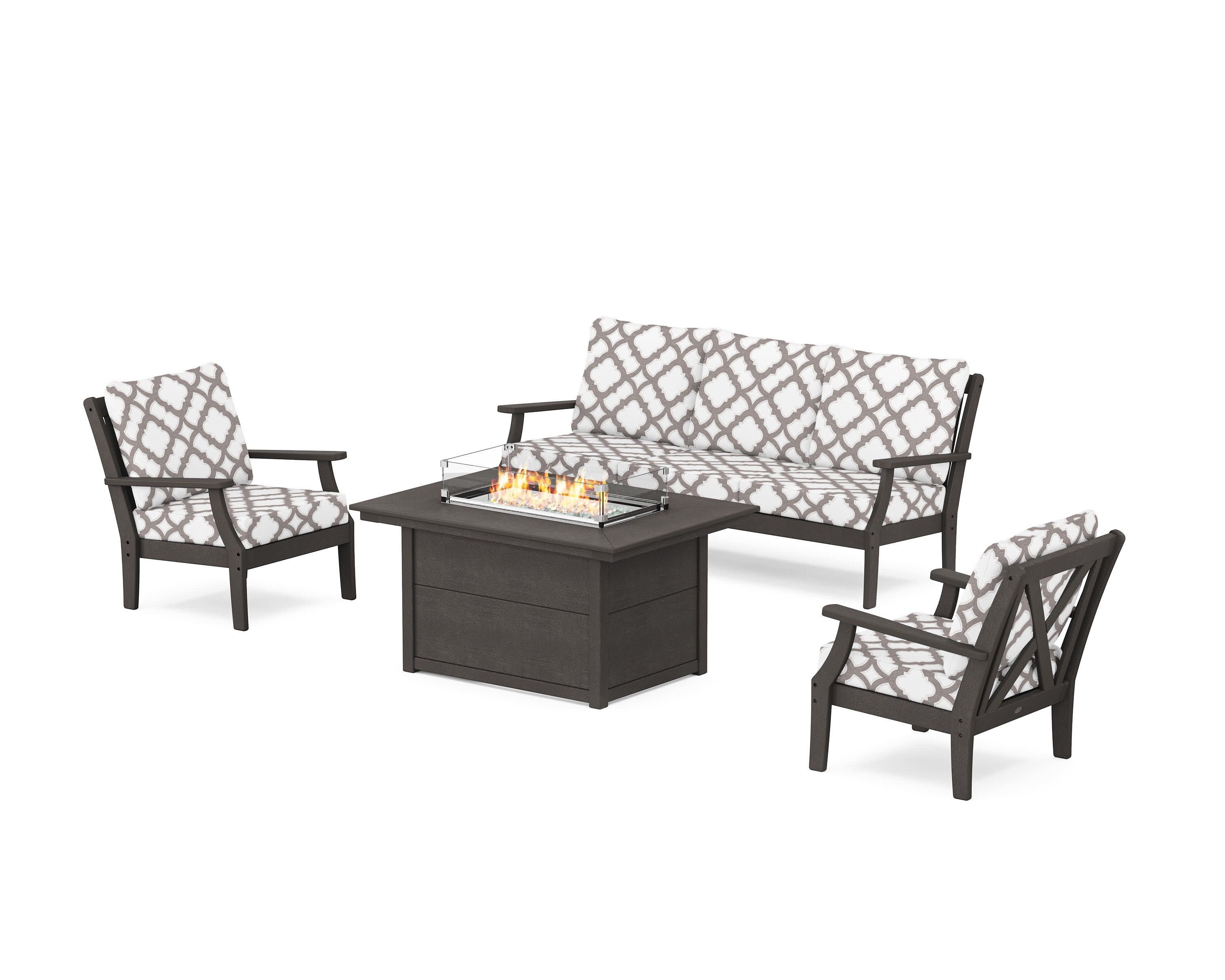 Braxton Deep Seating Fire Pit Table Set in Vintage Coffee / Trellis Grey Mist