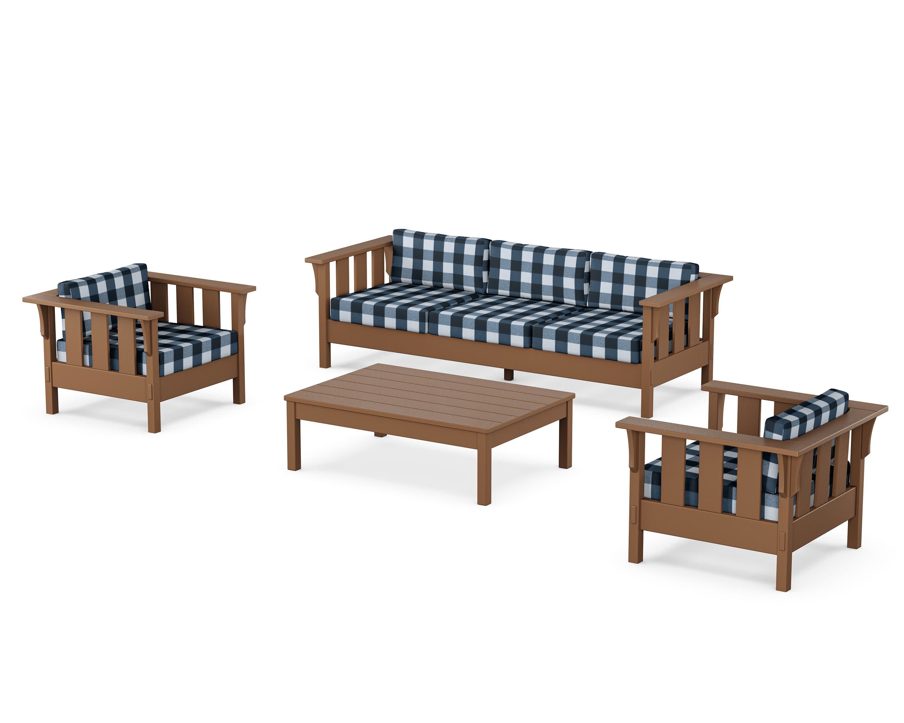 Acadia 4-Piece Deep Seating Set with Sofa in Teak / Buffalo Plaid Marine Indigo