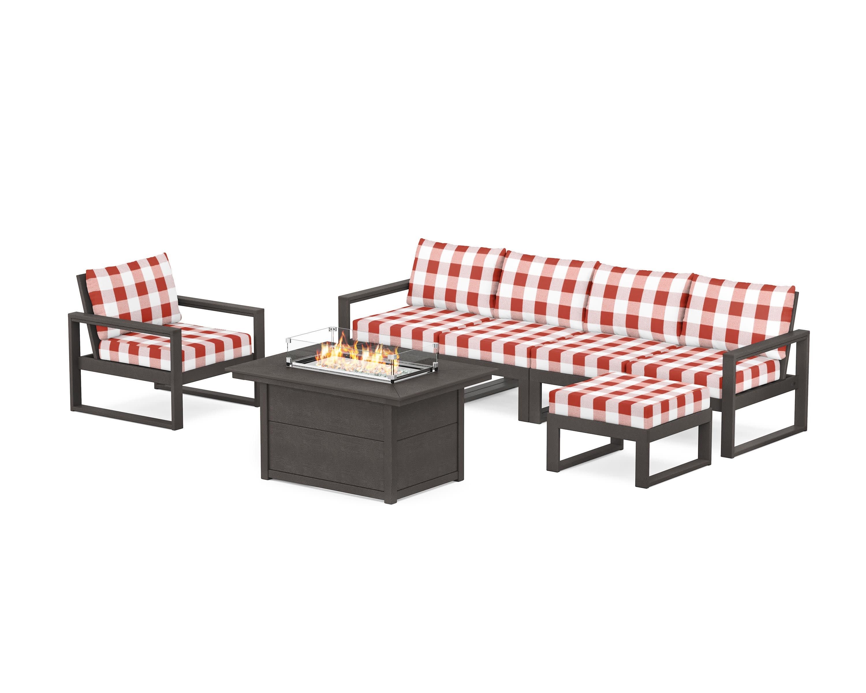 EDGE Sectional Lounge and Fire Pit Set in Vintage Coffee / Buffalo Plaid Crimson