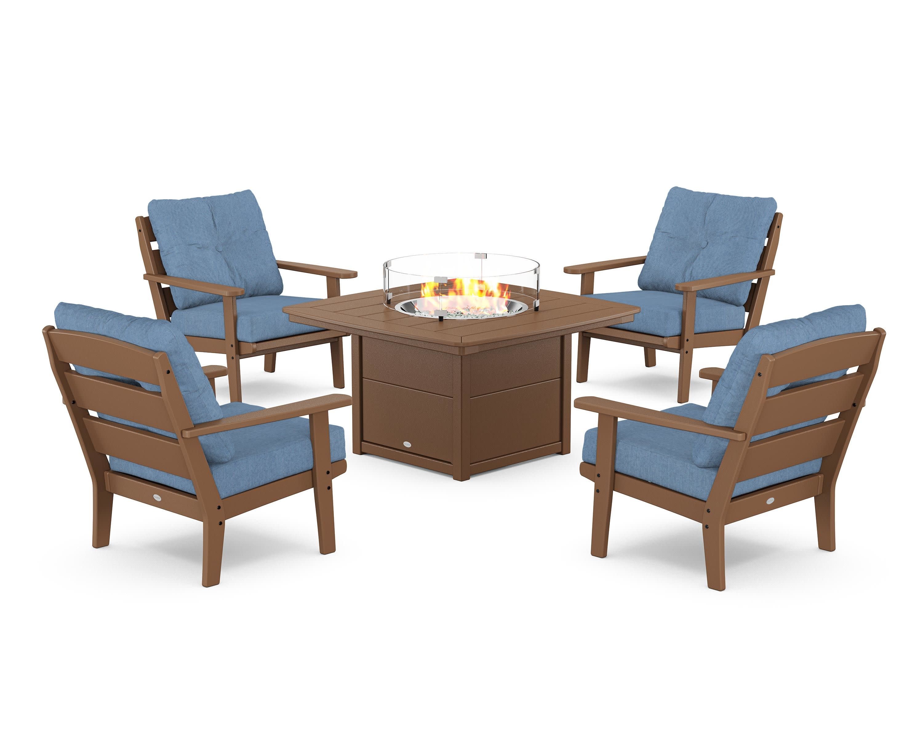 Lakeside 5-Piece Deep Seating Set with Nautical Fire Pit Table in Teak / Sky Blue