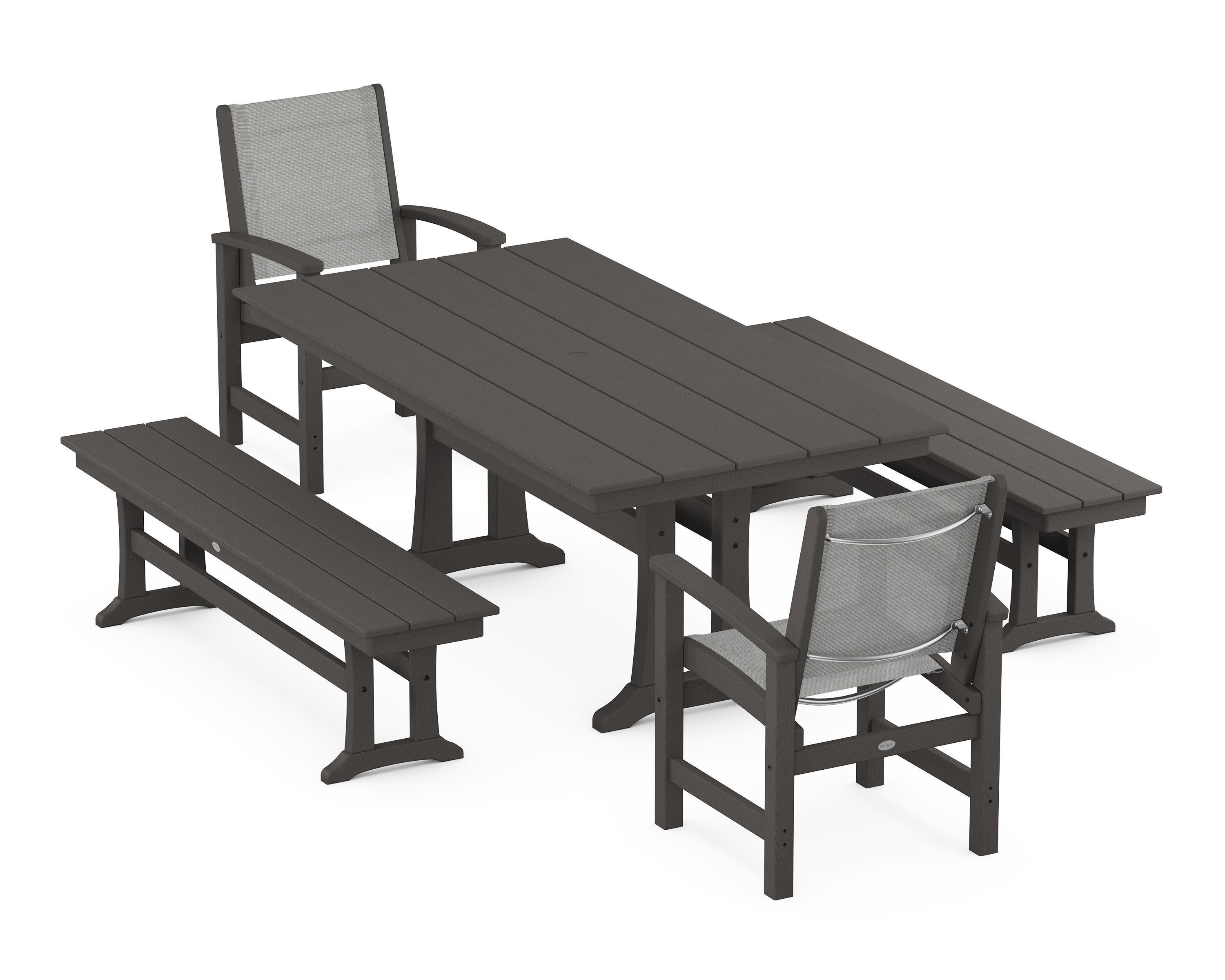 Coastal 5-Piece Farmhouse Dining Set with Trestle Legs and Benches in Vintage Coffee / Metallic Sling