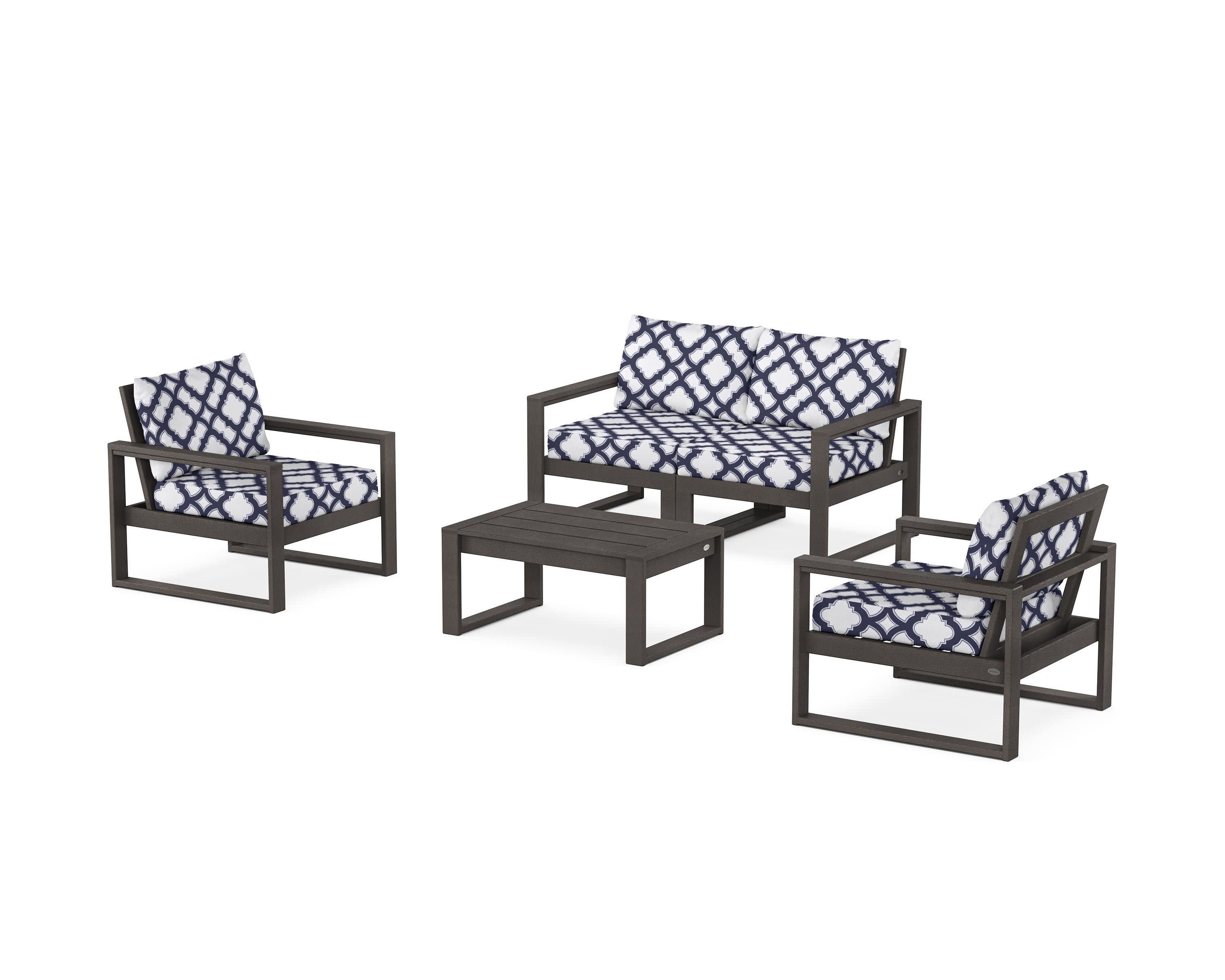 EDGE Sectional 4-Piece Deep Seating Set with Loveseat in Vintage Coffee / Trellis Navy