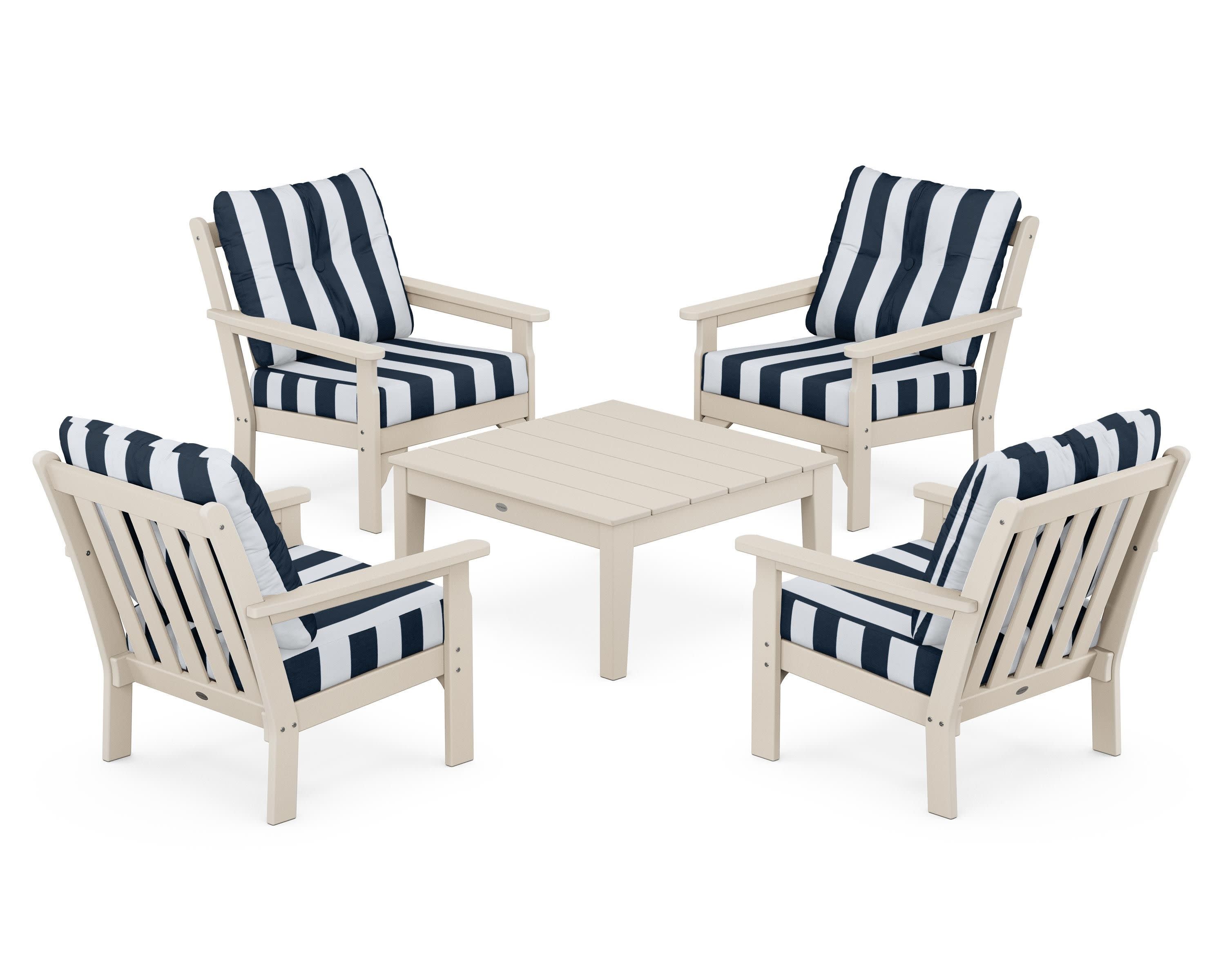 Vineyard 5-Piece Deep Seating Conversation Set in Sand / Cabana Stripe Marine Indigo