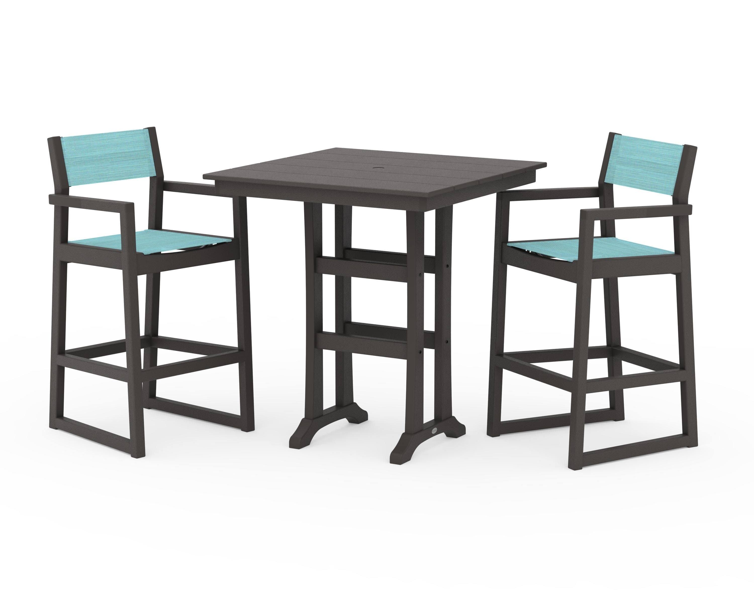 EDGE Sling Arm Chair 3-Piece Farmhouse Bar Set with Trestle Legs in Vintage Coffee / Dupioni Aquamarine Sling