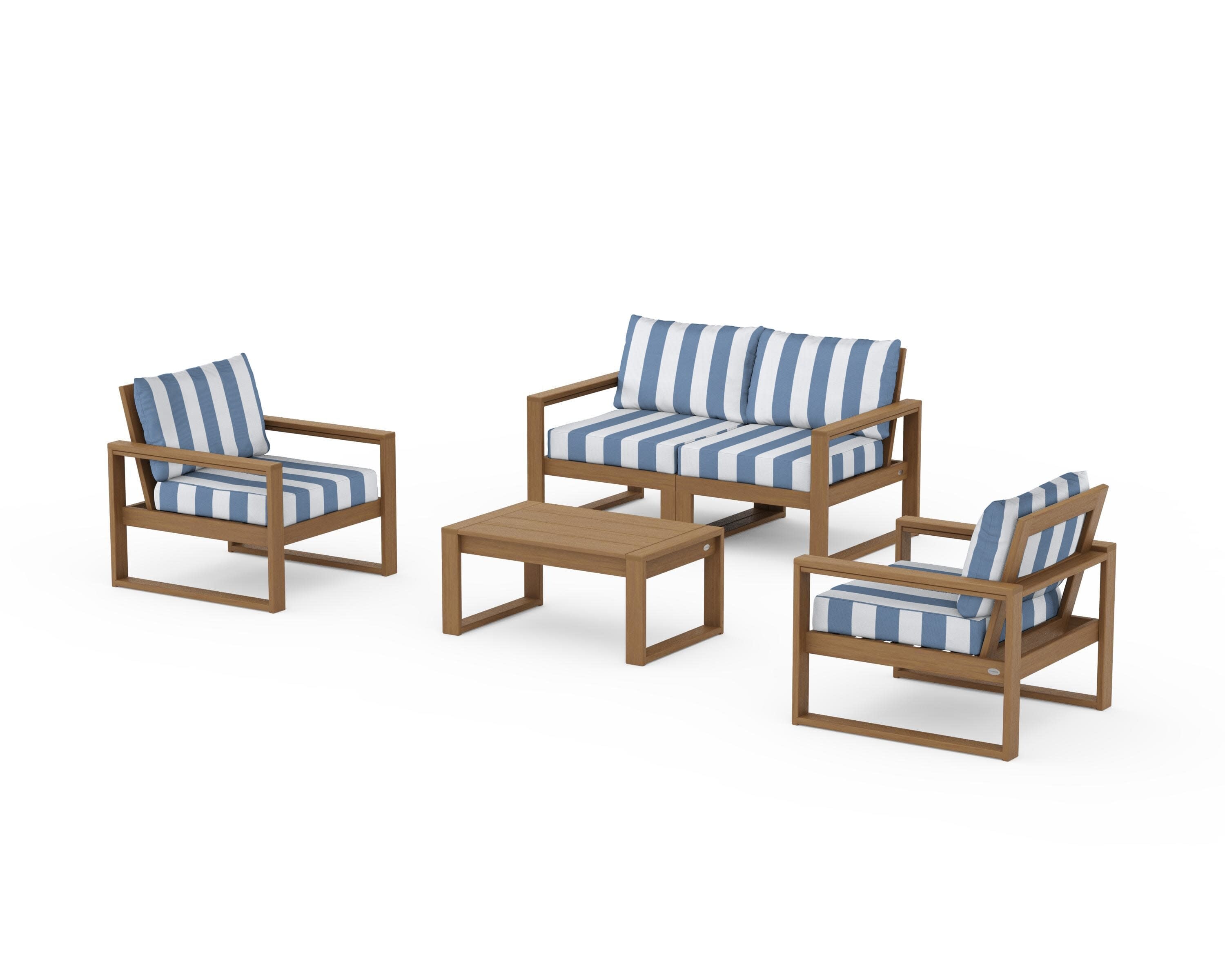 EDGE Sectional 4-Piece Deep Seating Set with Loveseat in Natural / Cabana Stripe Sky Blue
