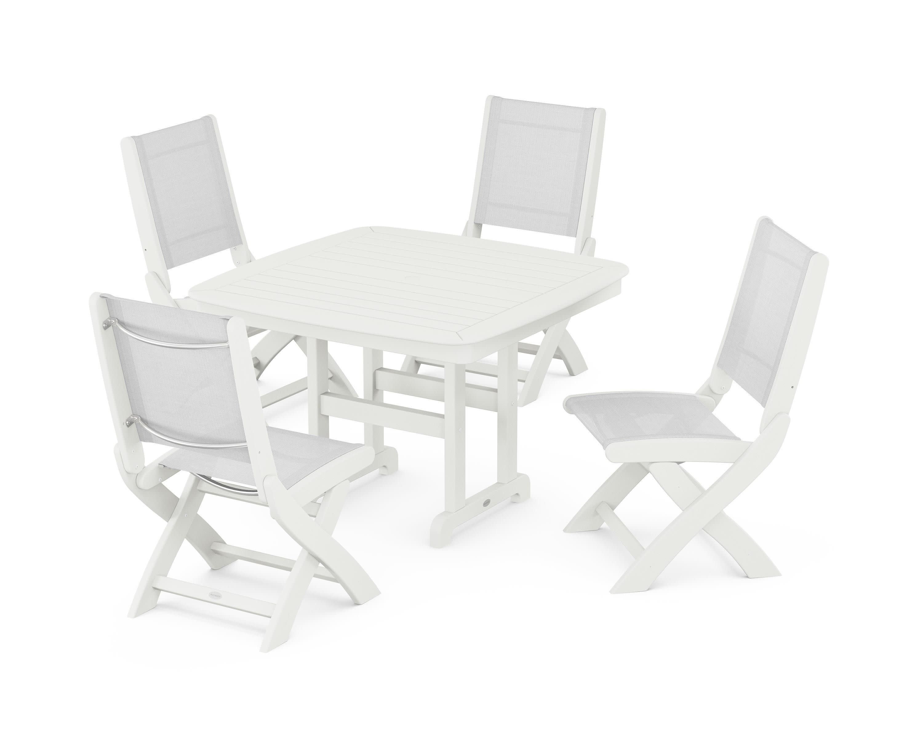 Coastal Folding Side Chair 5-Piece Dining Set in Vintage White / White Sling
