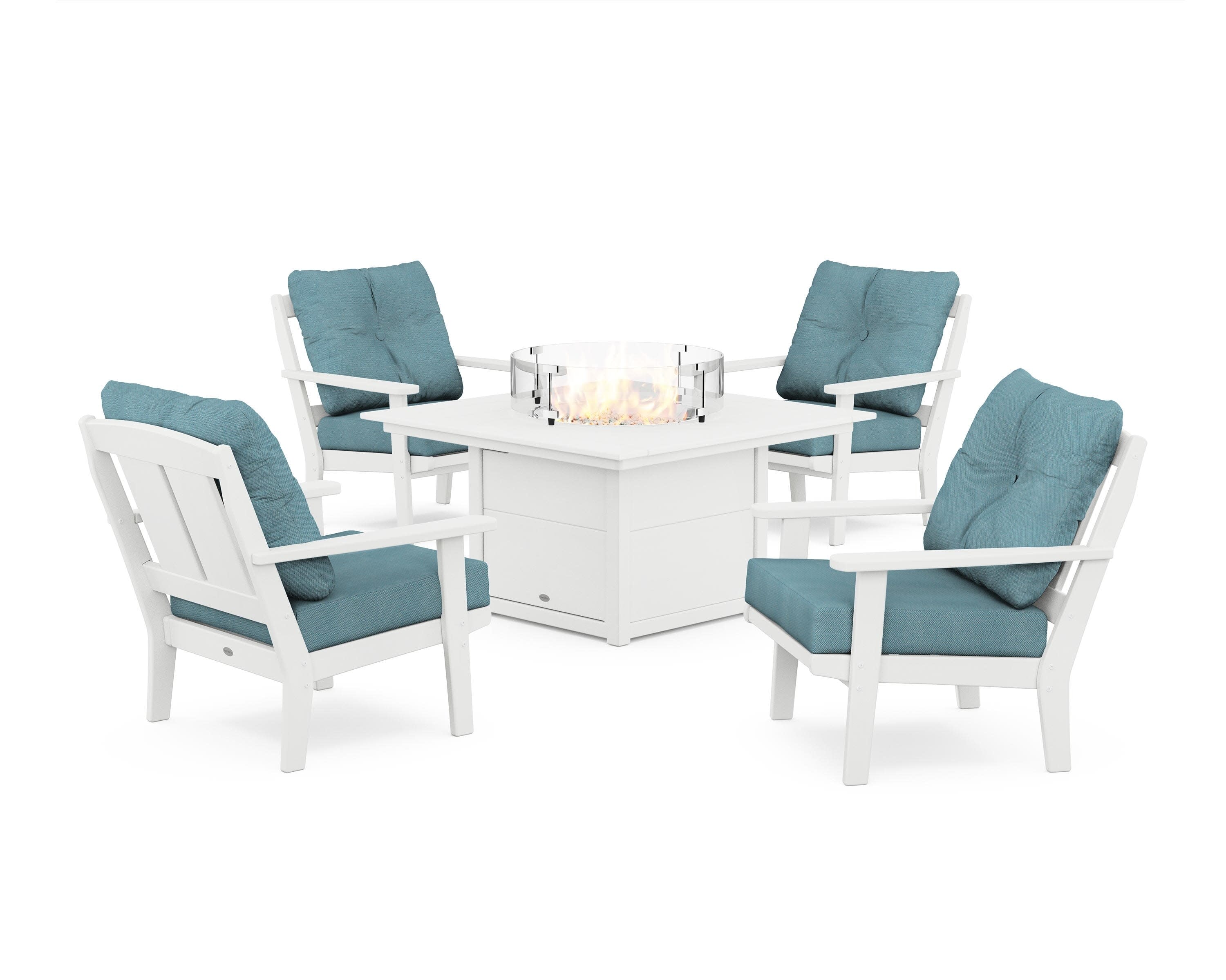 Mission 5-Piece Deep Seating Set with Fire Pit Table in White / Lattice Sky Blue