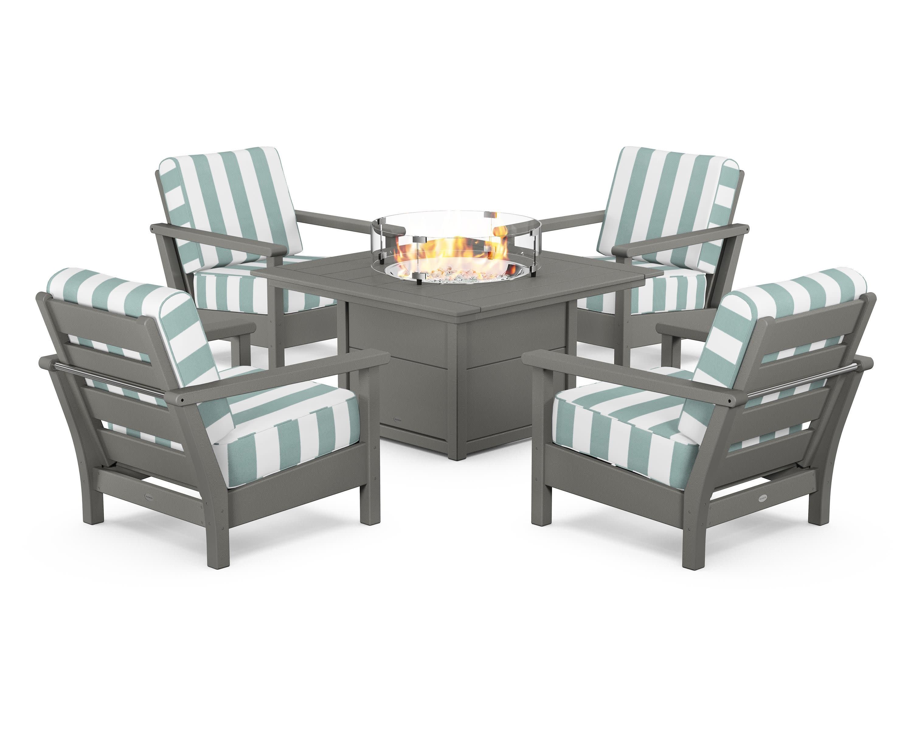 Harbour 5-Piece Conversation Set with Fire Pit Table in Slate Grey / Cabana Stripe Glacier Spa