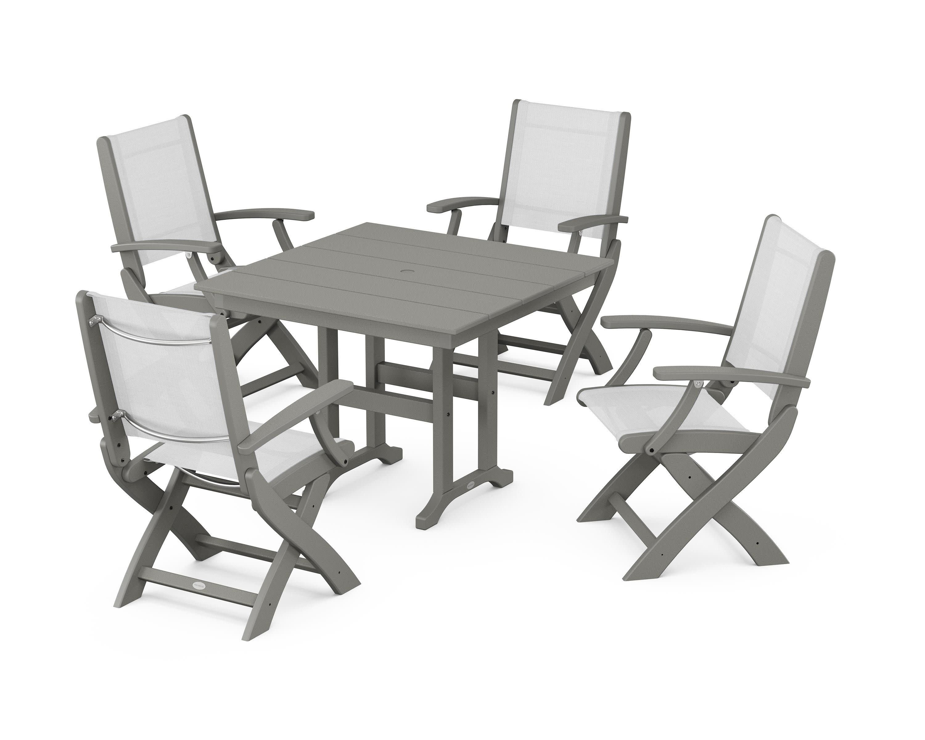 Coastal Folding Chair 5-Piece Farmhouse Dining Set in Slate Grey / White Sling