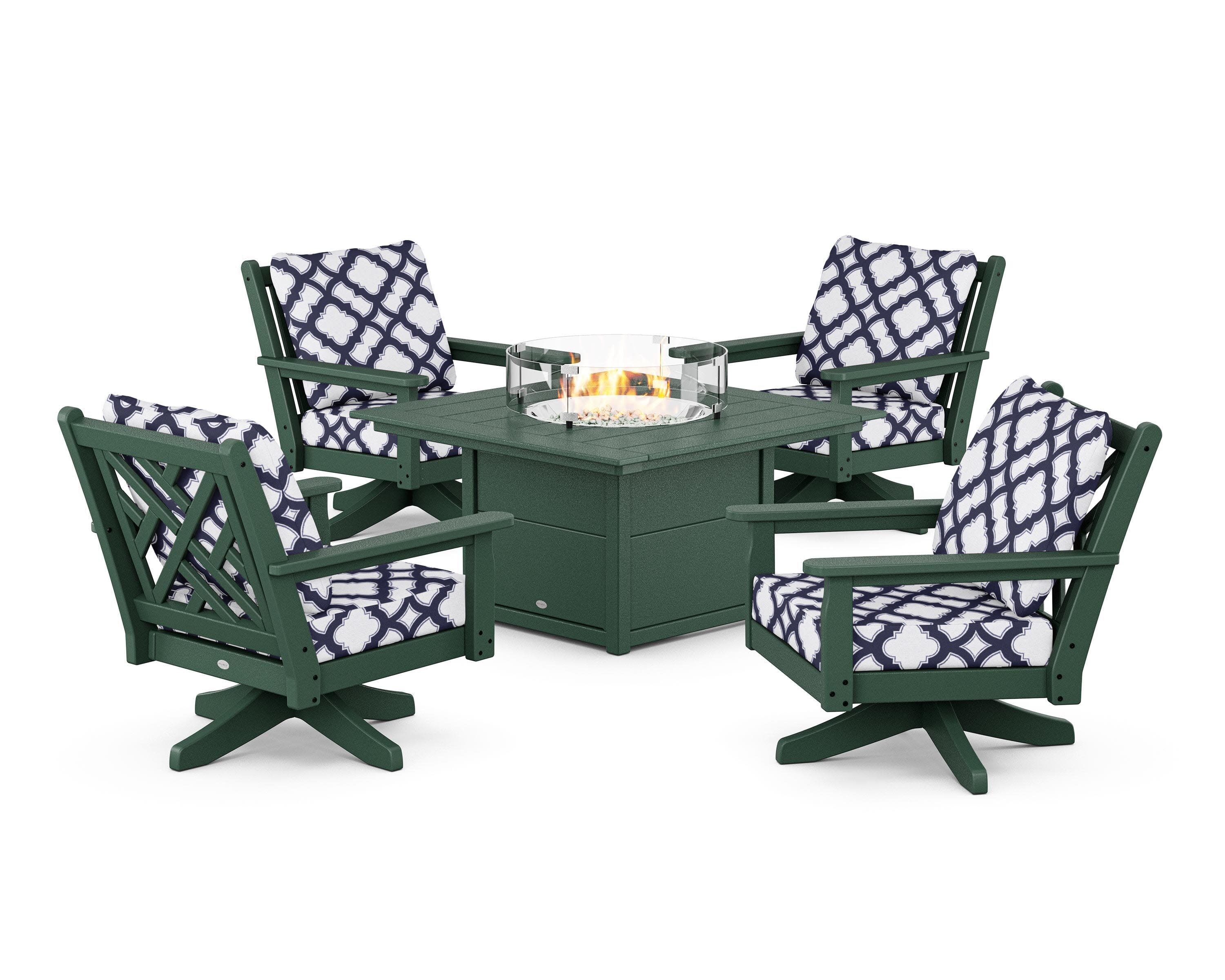 Chippendale 5-Piece Deep Seating Swivel Conversation Set with Fire Pit Table in Green / Trellis Navy