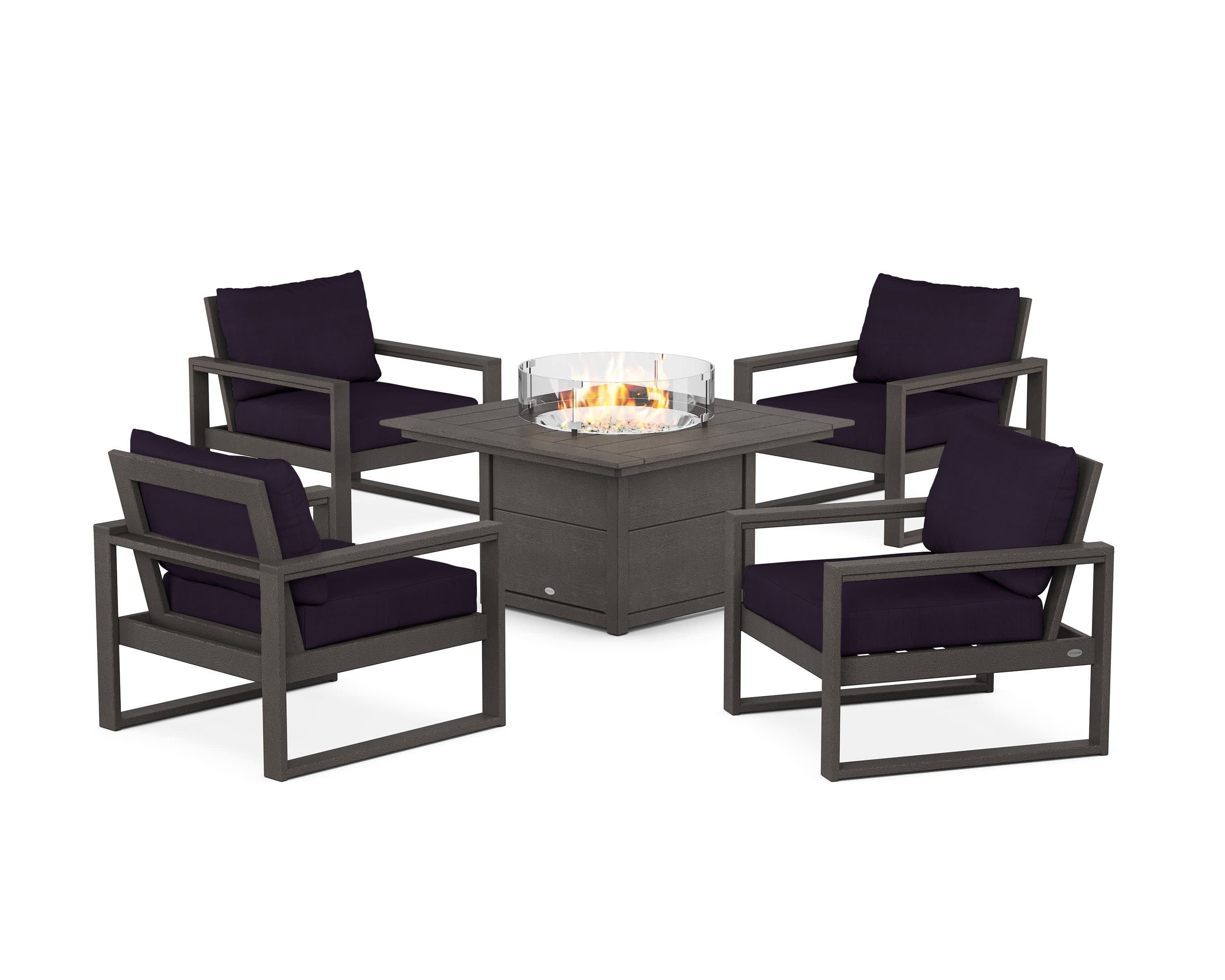 EDGE Sectional 5-Piece Deep Seating Set with Fire Pit Table in Vintage Coffee / Navy Linen