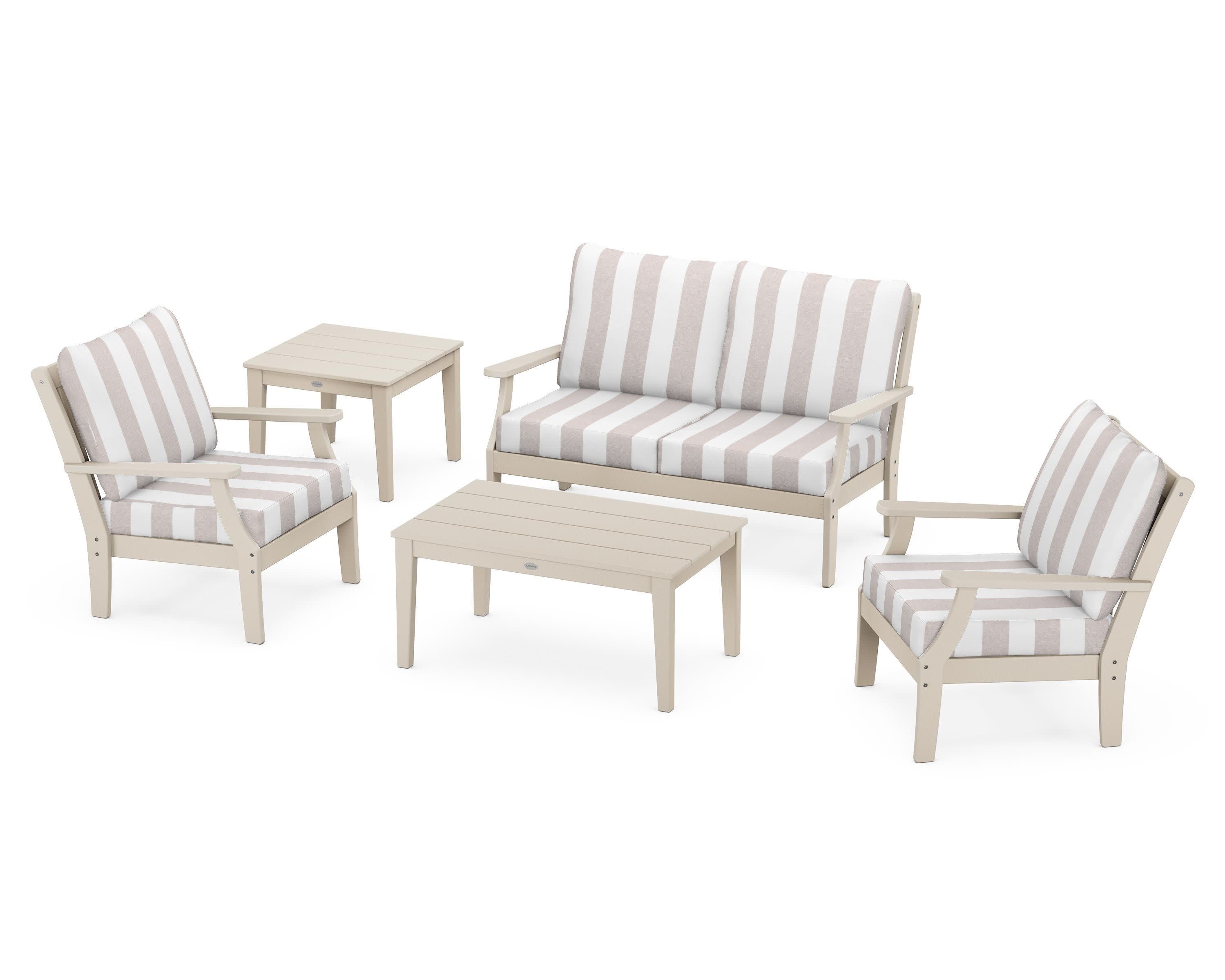 Braxton 5-Piece Deep Seating Set in Sand / Cabana Stripe Dune Burlap