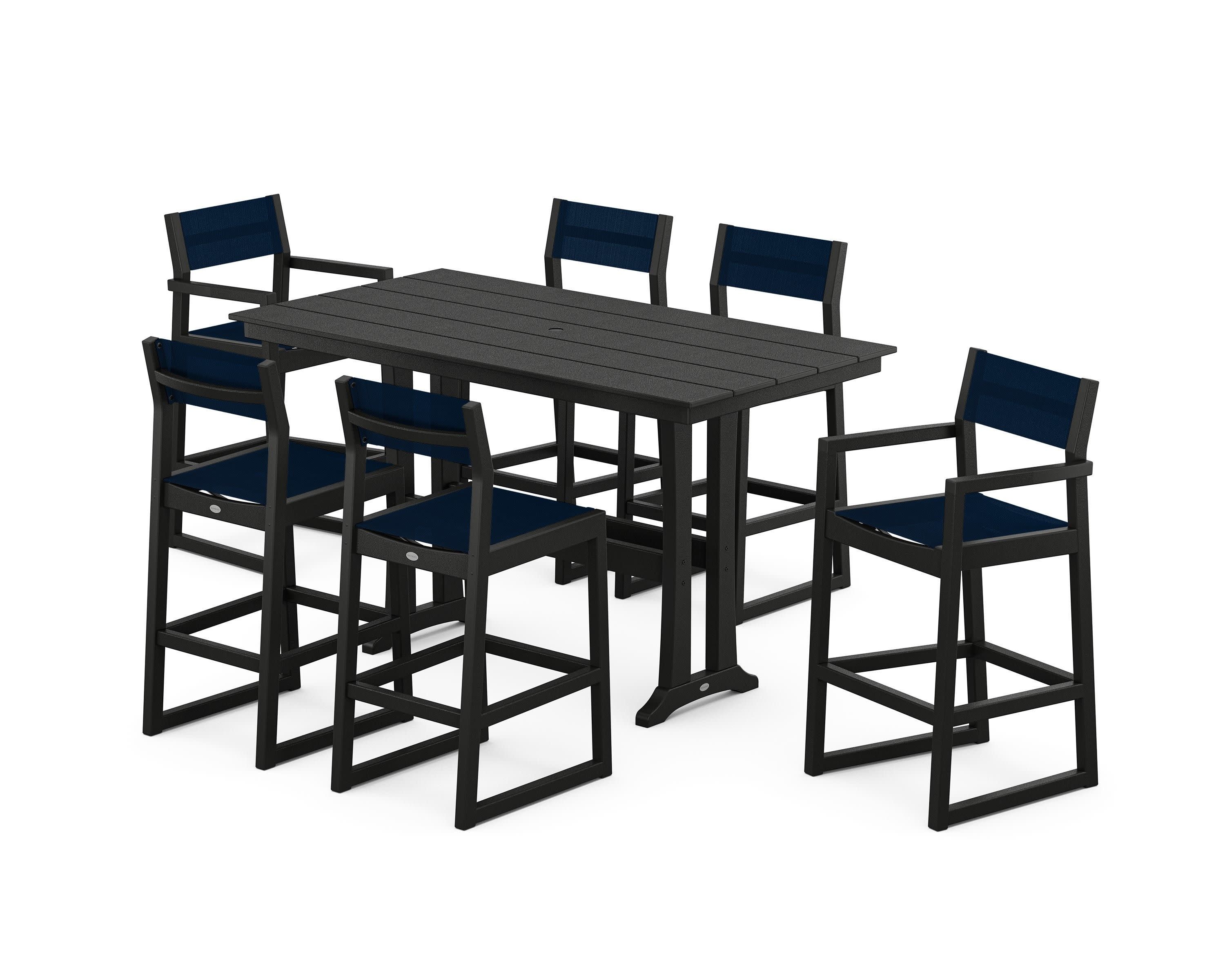 EDGE Sling 7-Piece Farmhouse Bar Set with Trestle Legs in Black / Navy Blue Sling