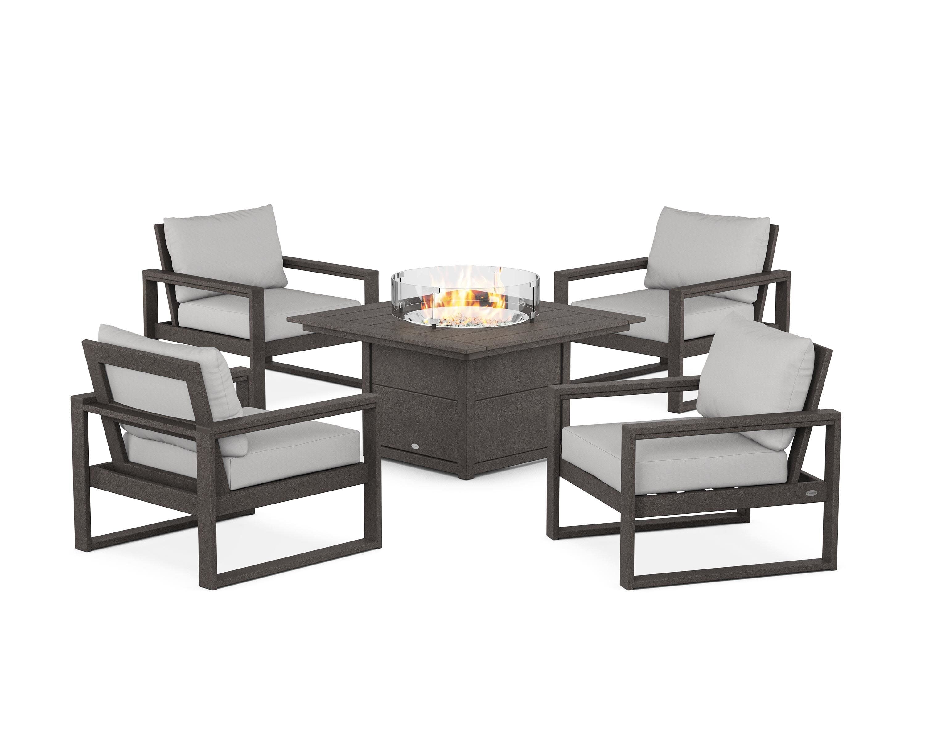 EDGE Sectional 5-Piece Deep Seating Set with Fire Pit Table in Vintage Coffee / Diamond in the Rough