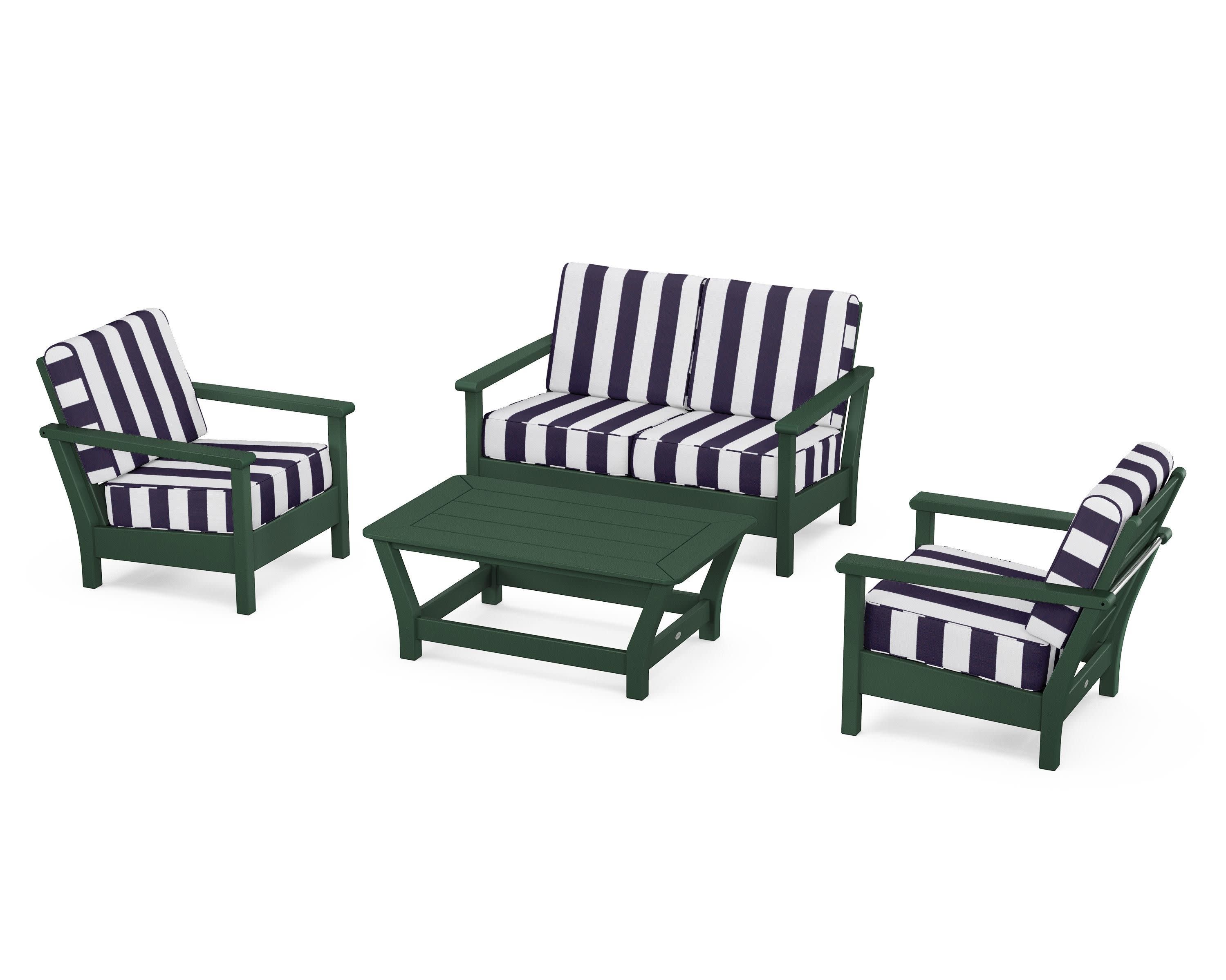 Harbour 4-Piece Deep Seating Set in Green / Cabana Stripe Navy