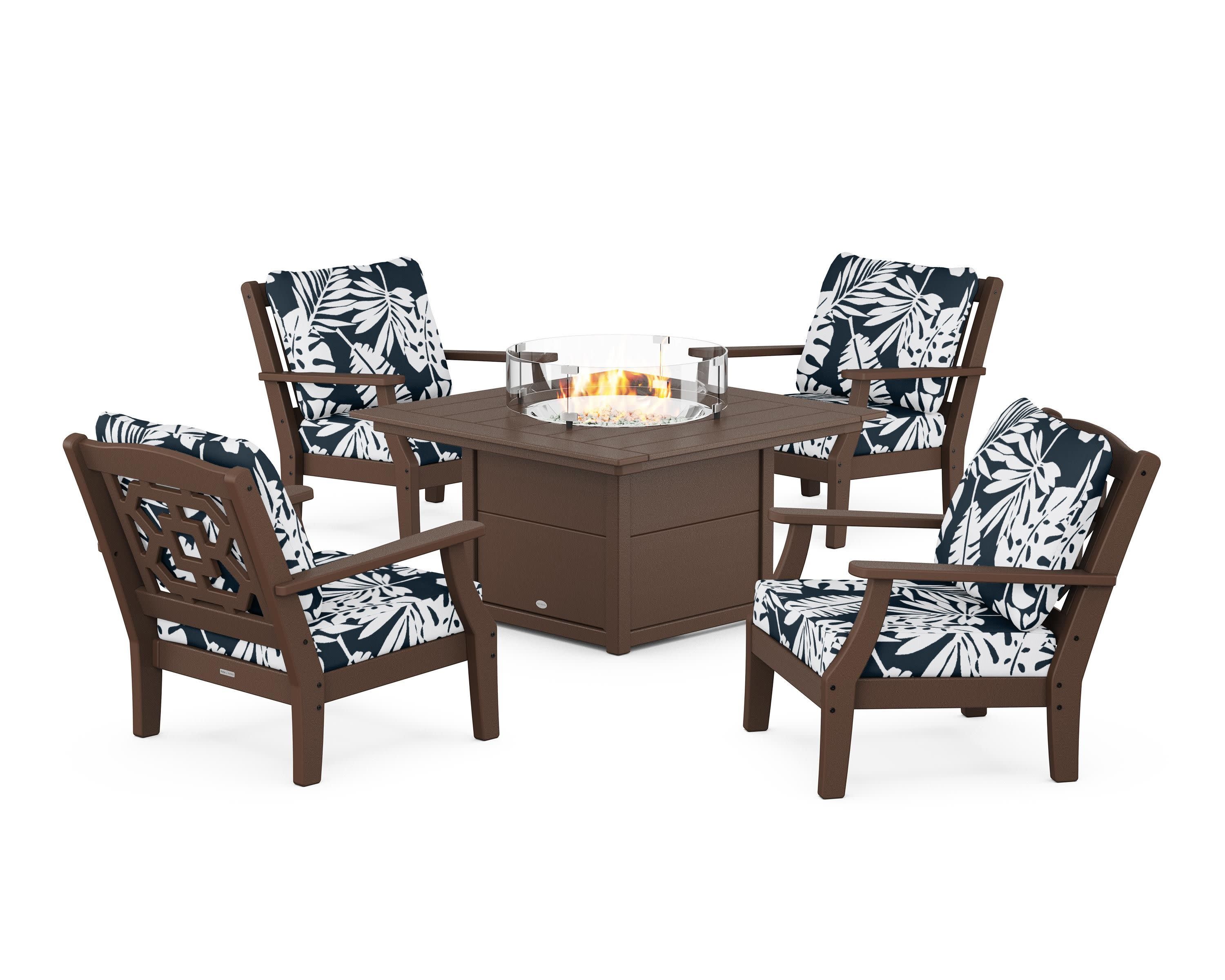 Chinoiserie 5-Piece Deep Seating Set with Fire Pit Table in Mahogany / Leaf Marine Indigo