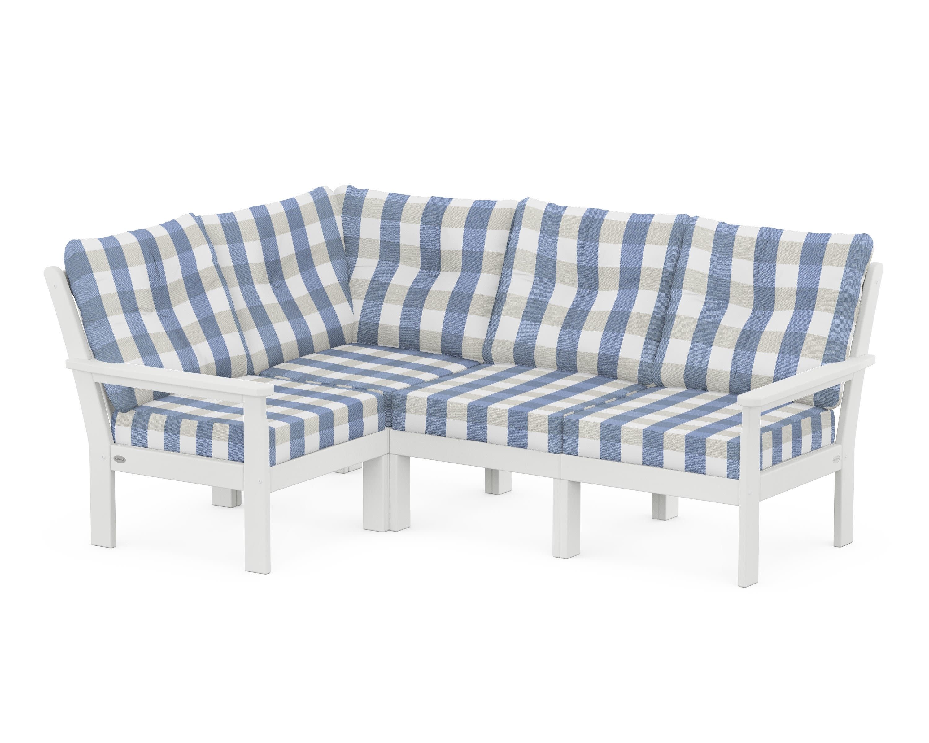 Vineyard 4-Piece Sectional in White / Buffalo Plaid Sky Blue