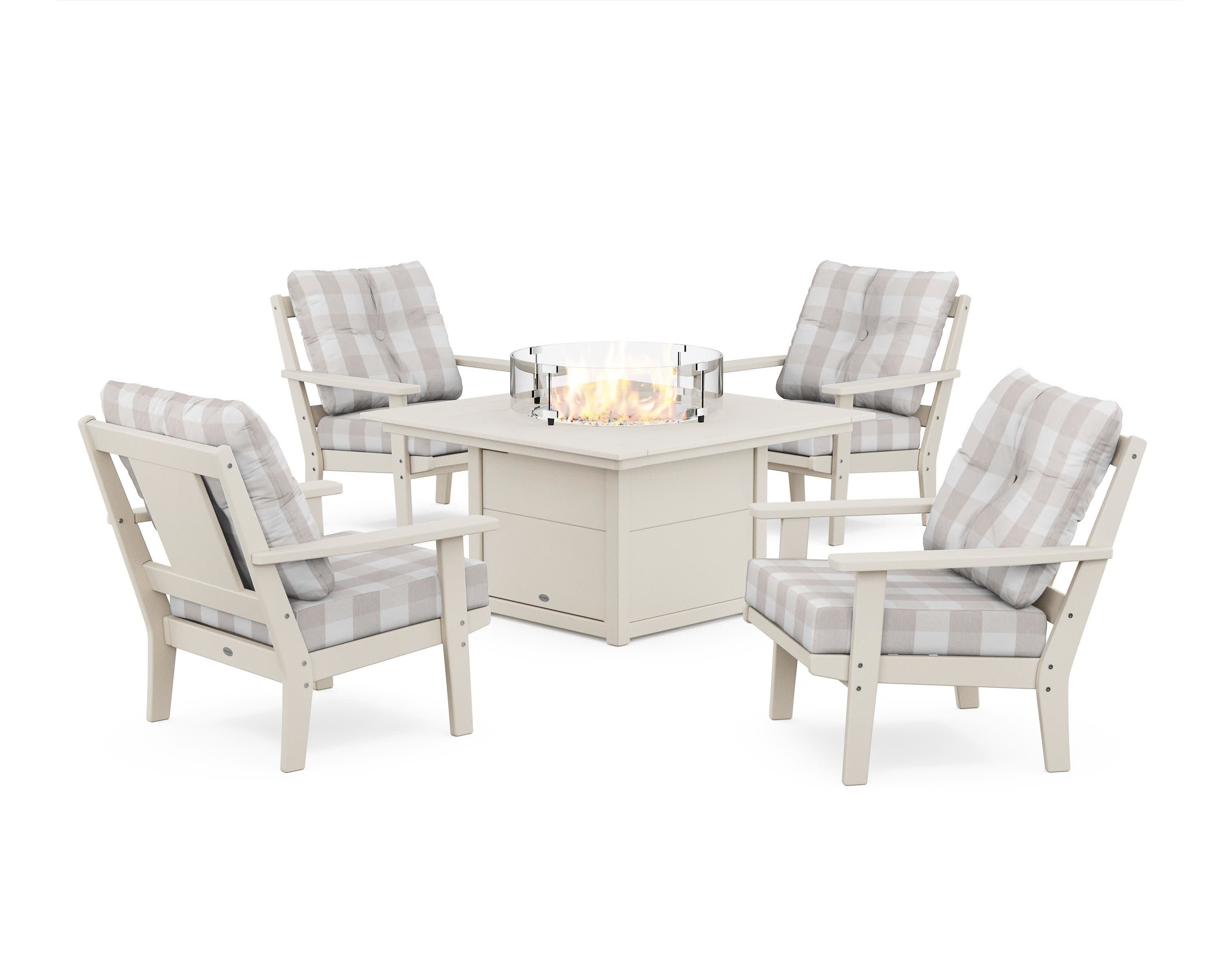 Prairie 5-Piece Deep Seating Set with Fire Pit Table in Sand / Buffalo Plaid Dune Burlap