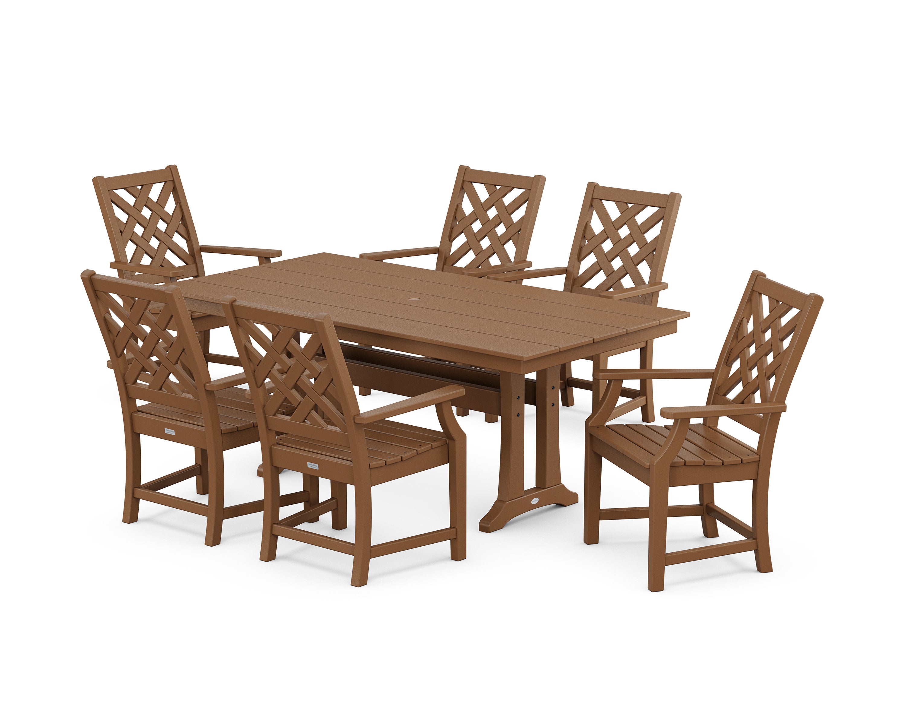 Wovendale Arm Chair 7-Piece Farmhouse Dining Set with Trestle Legs in Teak
