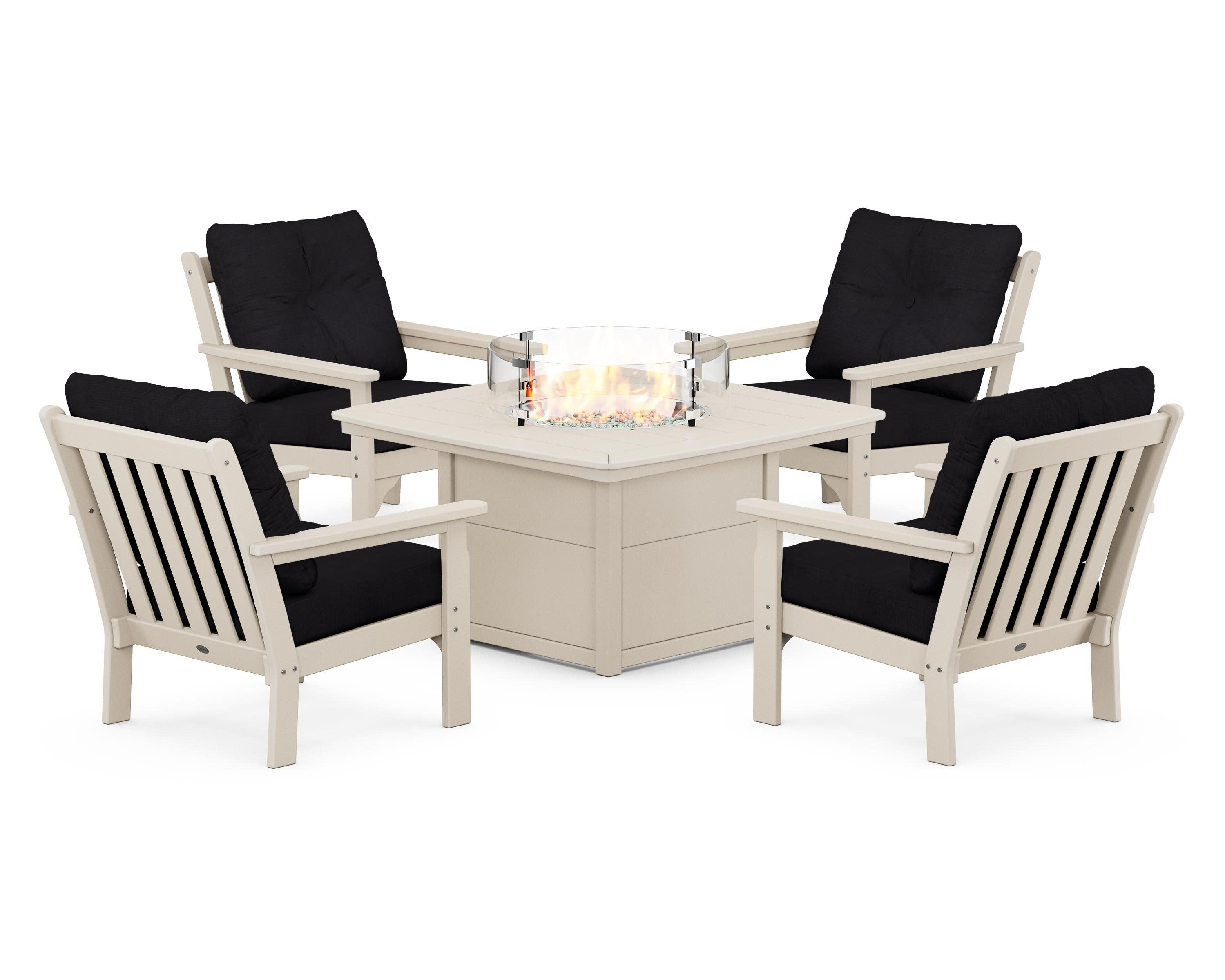 Vineyard 5-Piece Conversation Set with Fire Pit Table in Sand / Midnight Linen