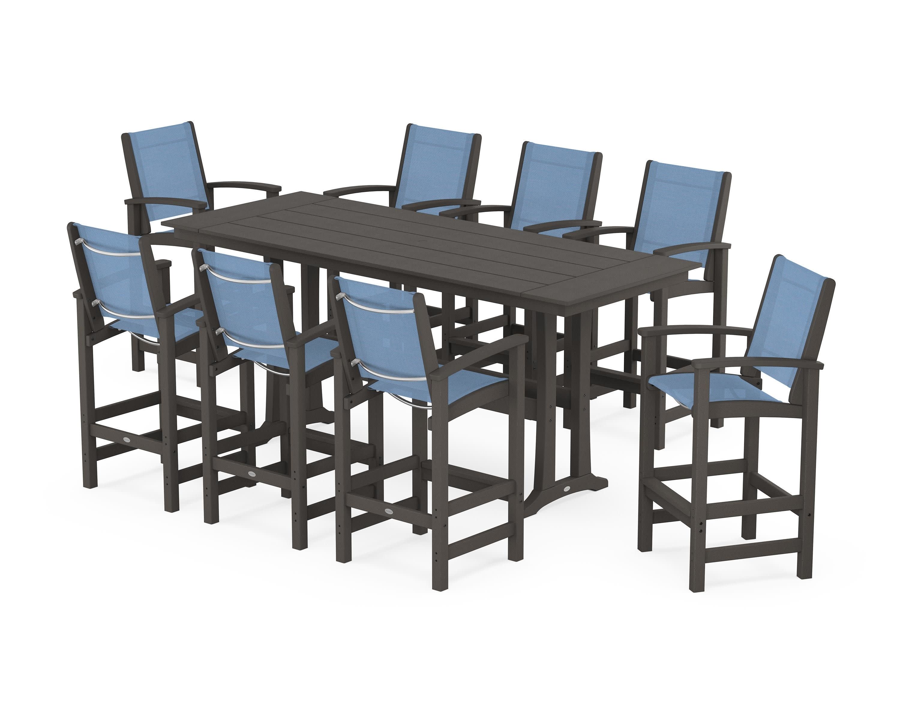 Coastal 9-Piece Farmhouse Bar Set with Trestle Legs in Vintage Coffee / Poolside Sling