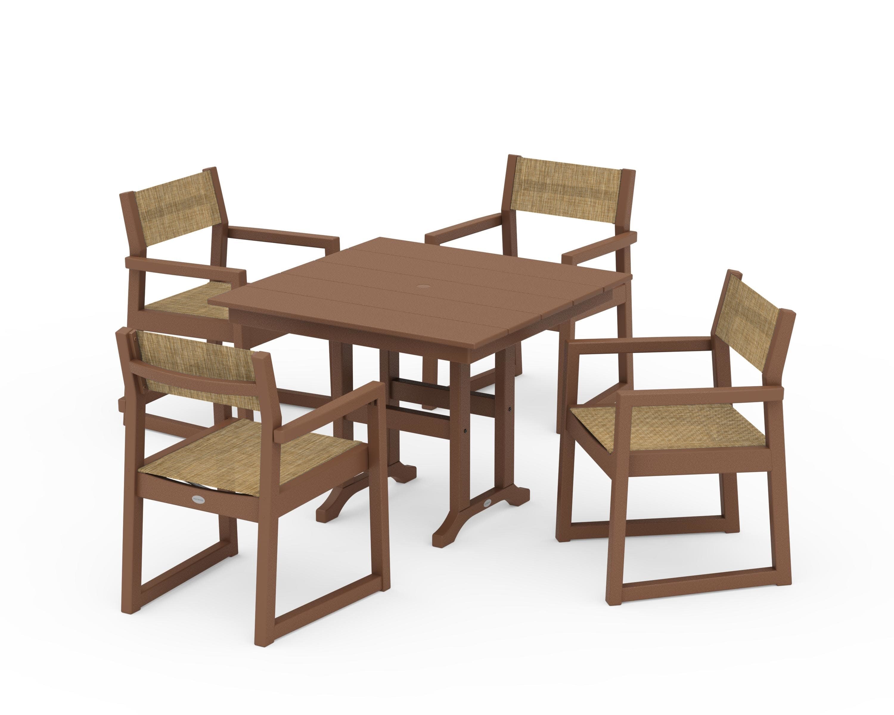 EDGE Sling Arm Chair 5-Piece Farmhouse Dining Set in Teak / Burlap Sling