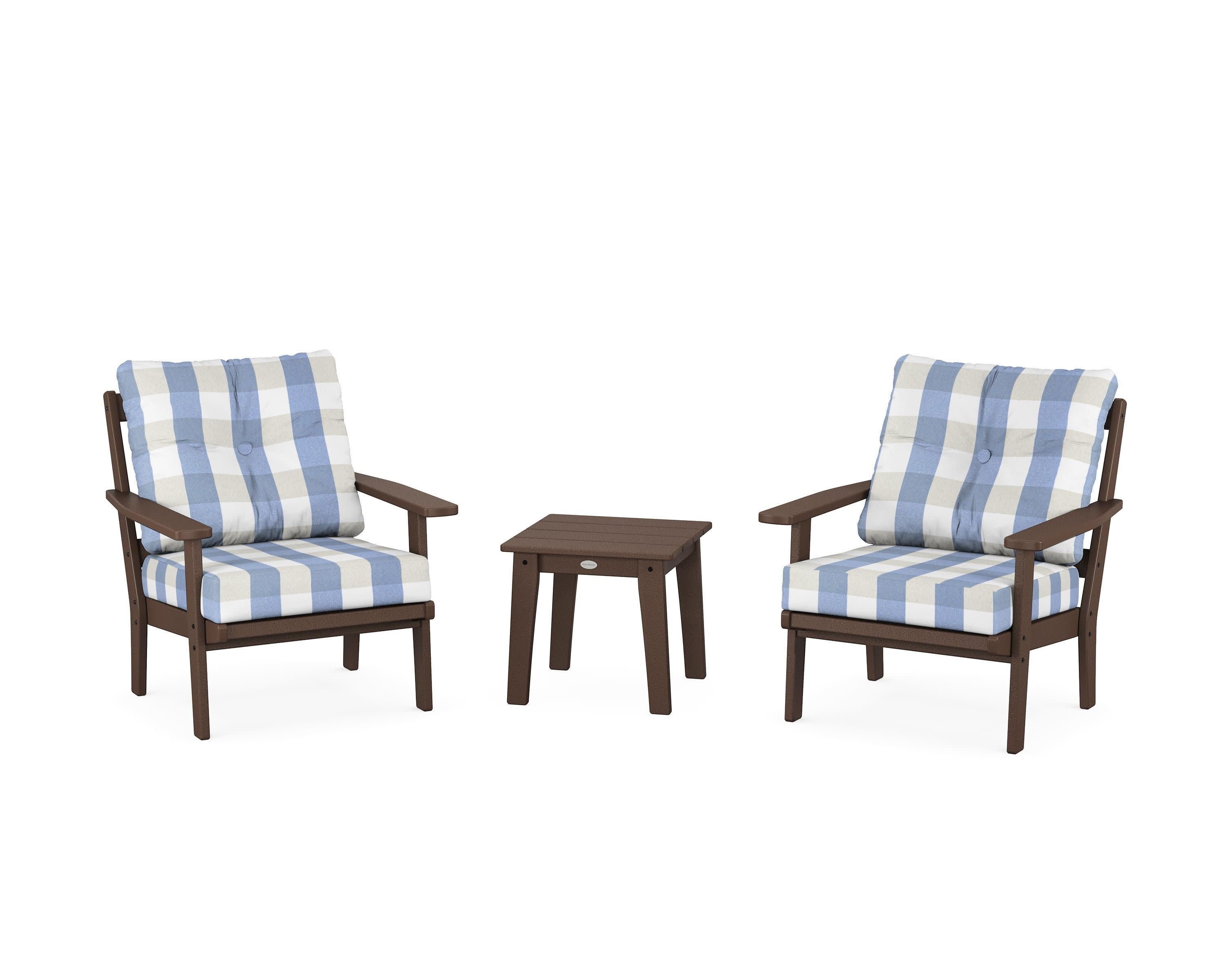 Oxford 3-Piece Deep Seating Set in Mahogany / Buffalo Plaid Sky Blue