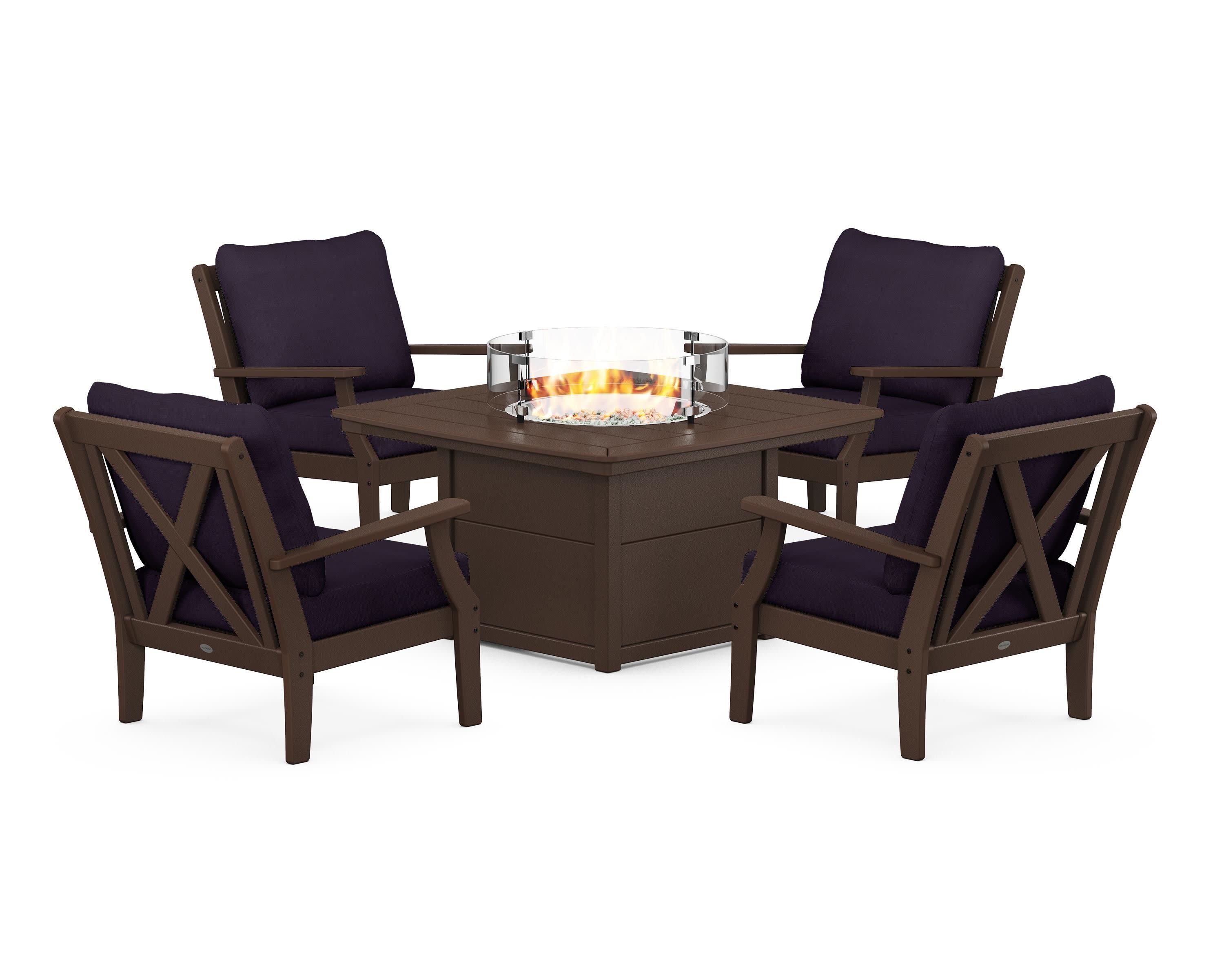 Braxton 5-Piece Deep Seating Conversation Set with Fire Pit Table in Mahogany / Navy Linen