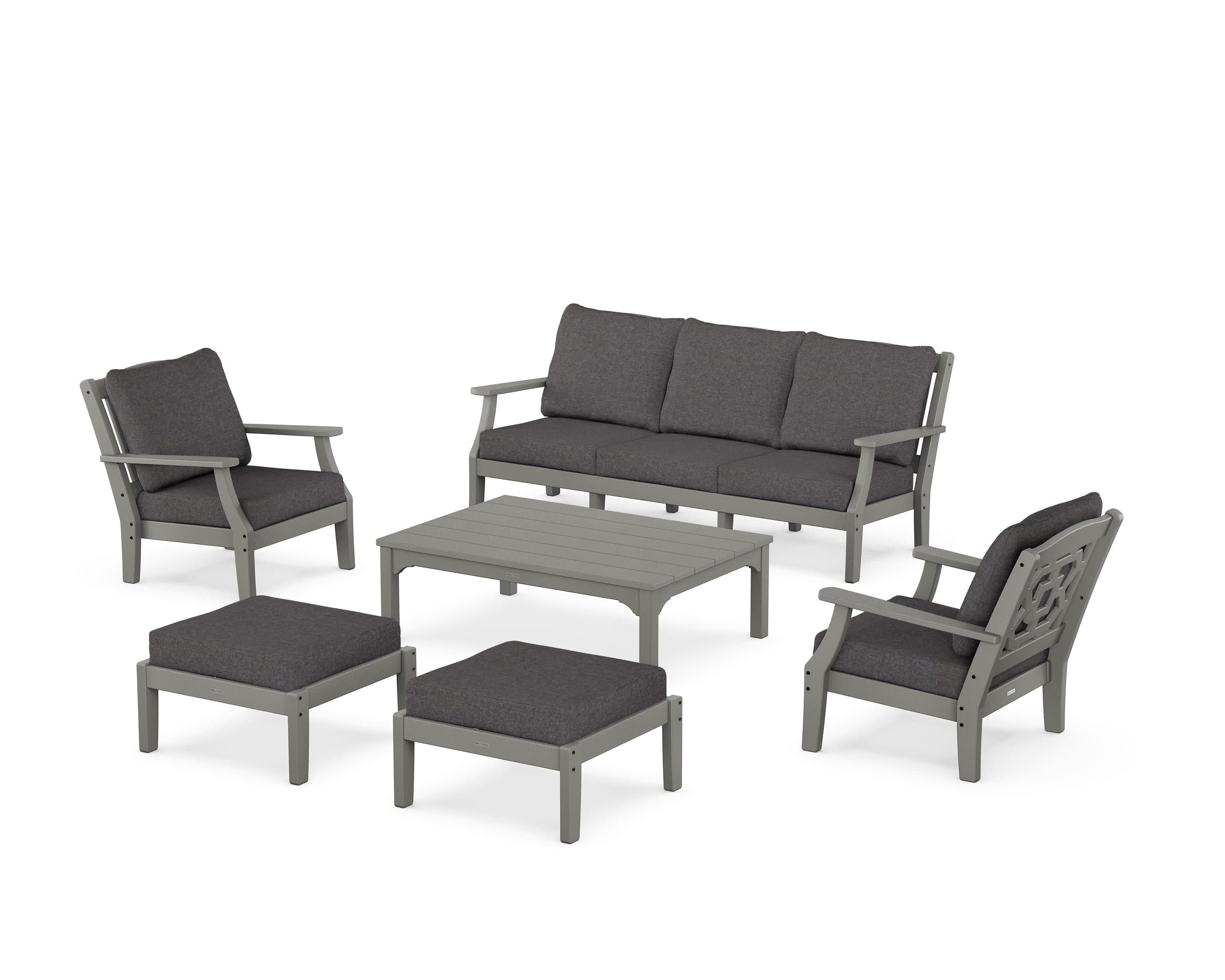 Chinoiserie 6-Piece Lounge Sofa Set in Slate Grey / Ash Charcoal