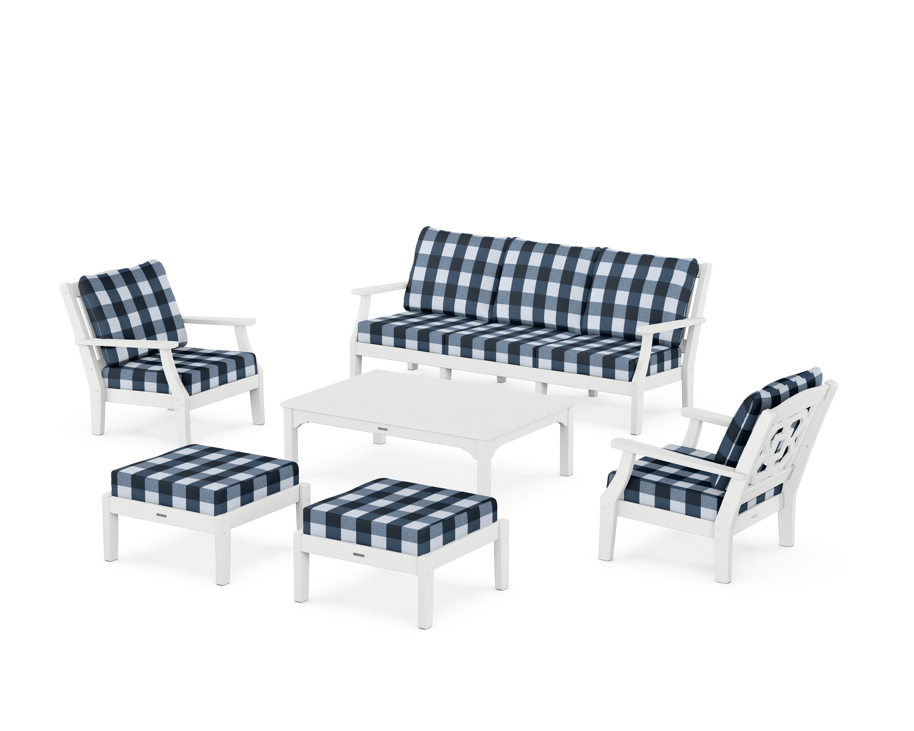 Chinoiserie 6-Piece Lounge Sofa Set in White / Buffalo Plaid Marine Indigo