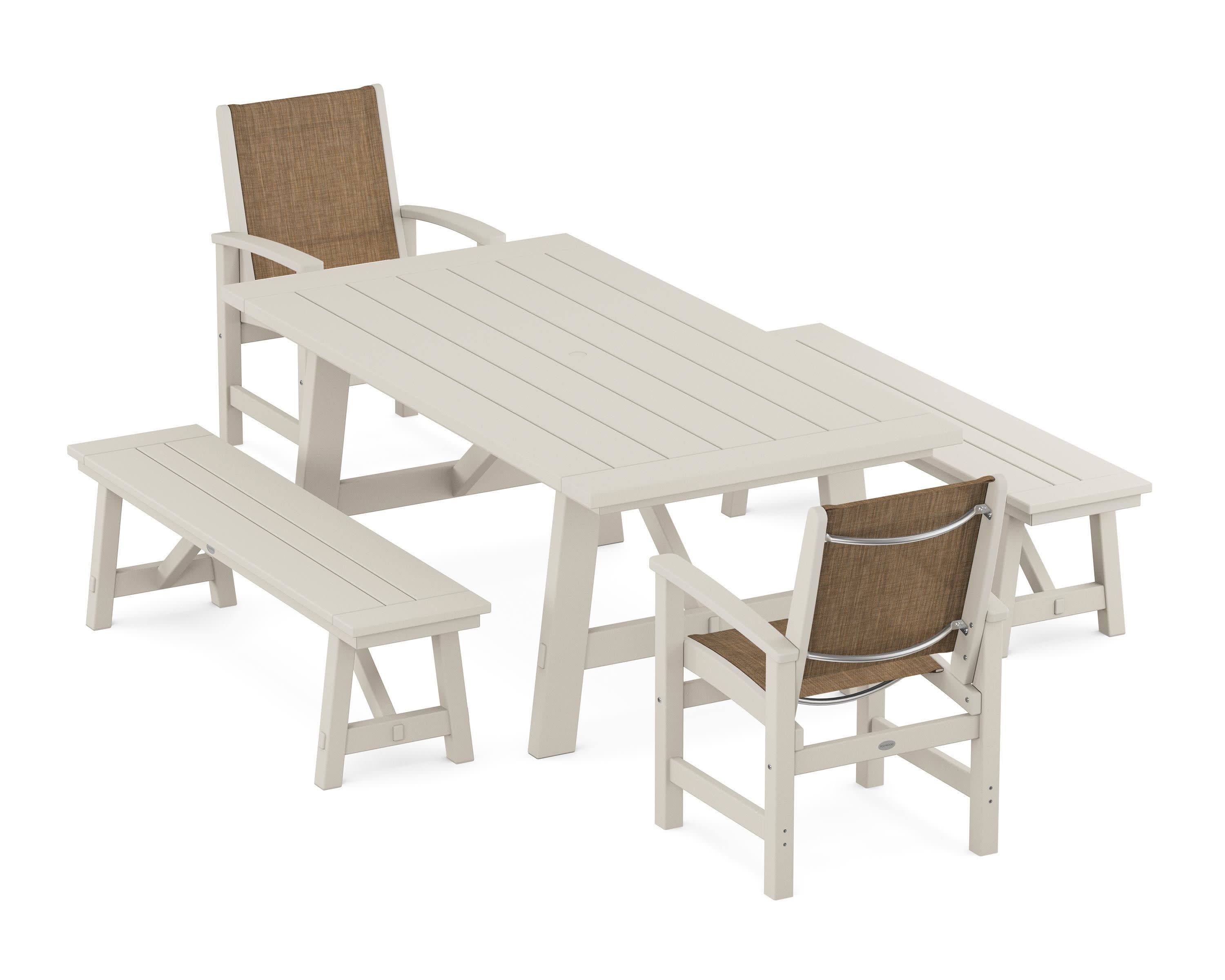Coastal 5-Piece Rustic Farmhouse Dining Set With Benches in Sand / Burlap Sling