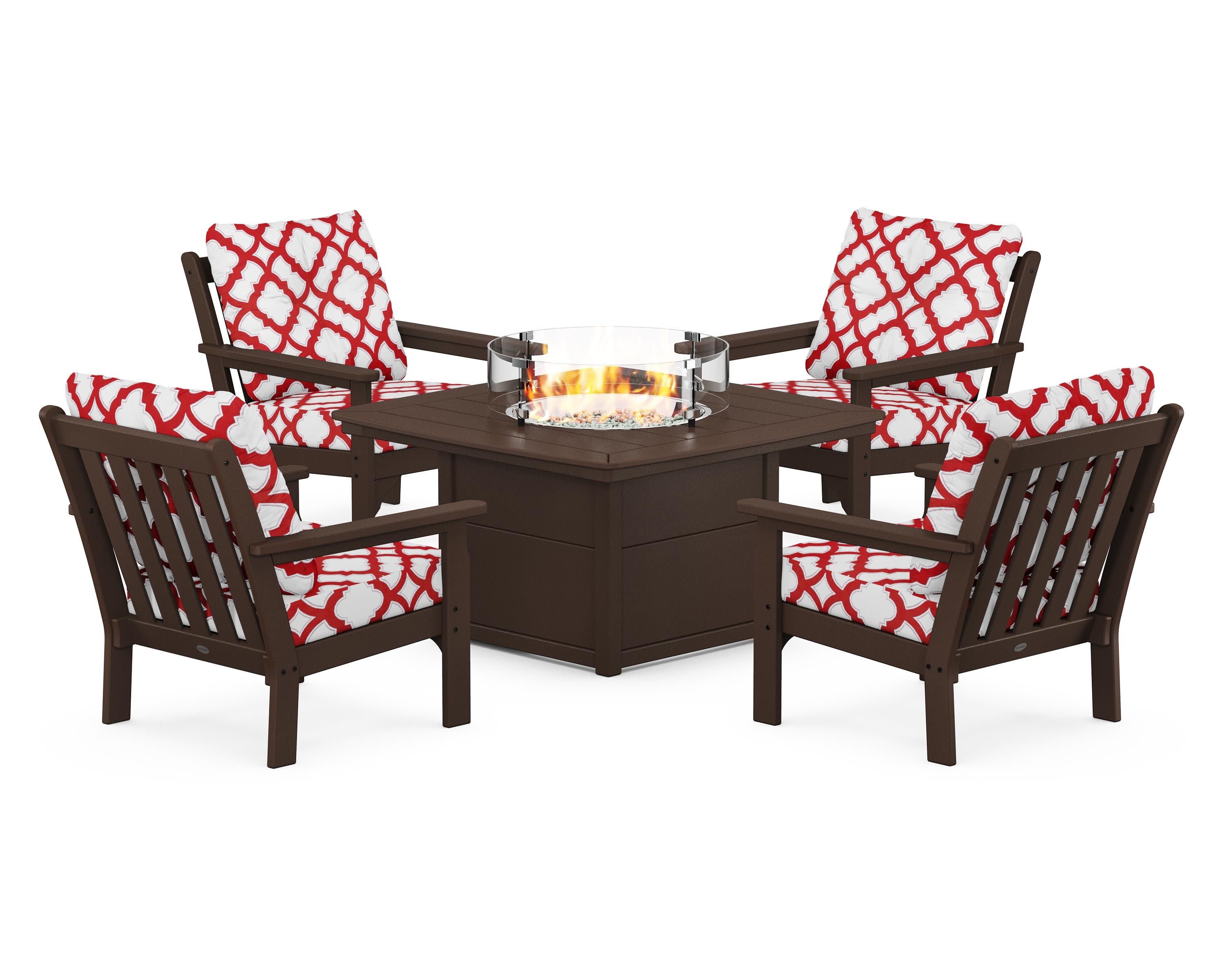 Vineyard 5-Piece Conversation Set with Fire Pit Table in Mahogany / Trellis Crimson