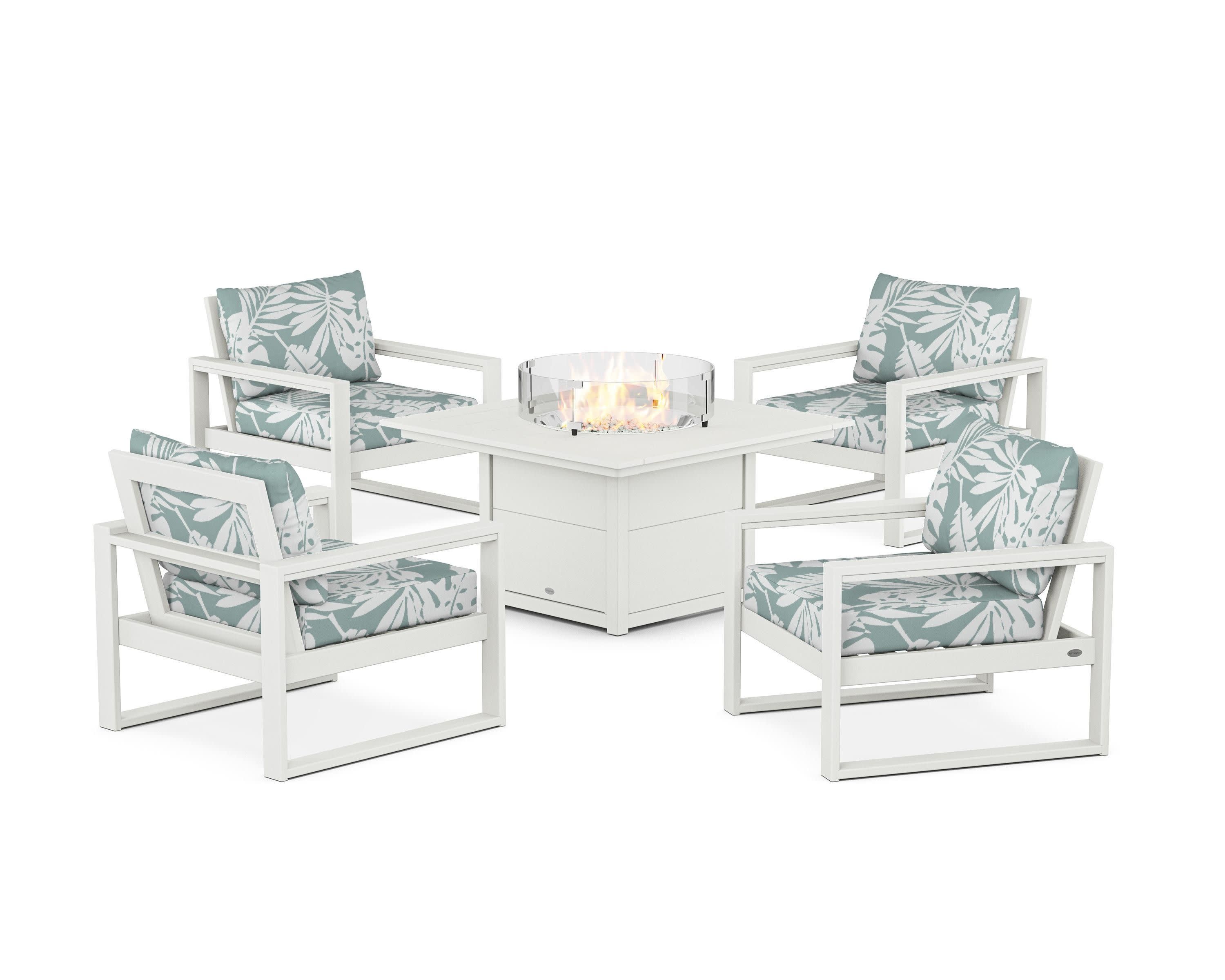 EDGE Sectional 5-Piece Deep Seating Set with Fire Pit Table in Vintage White / Leaf Glacier Spa
