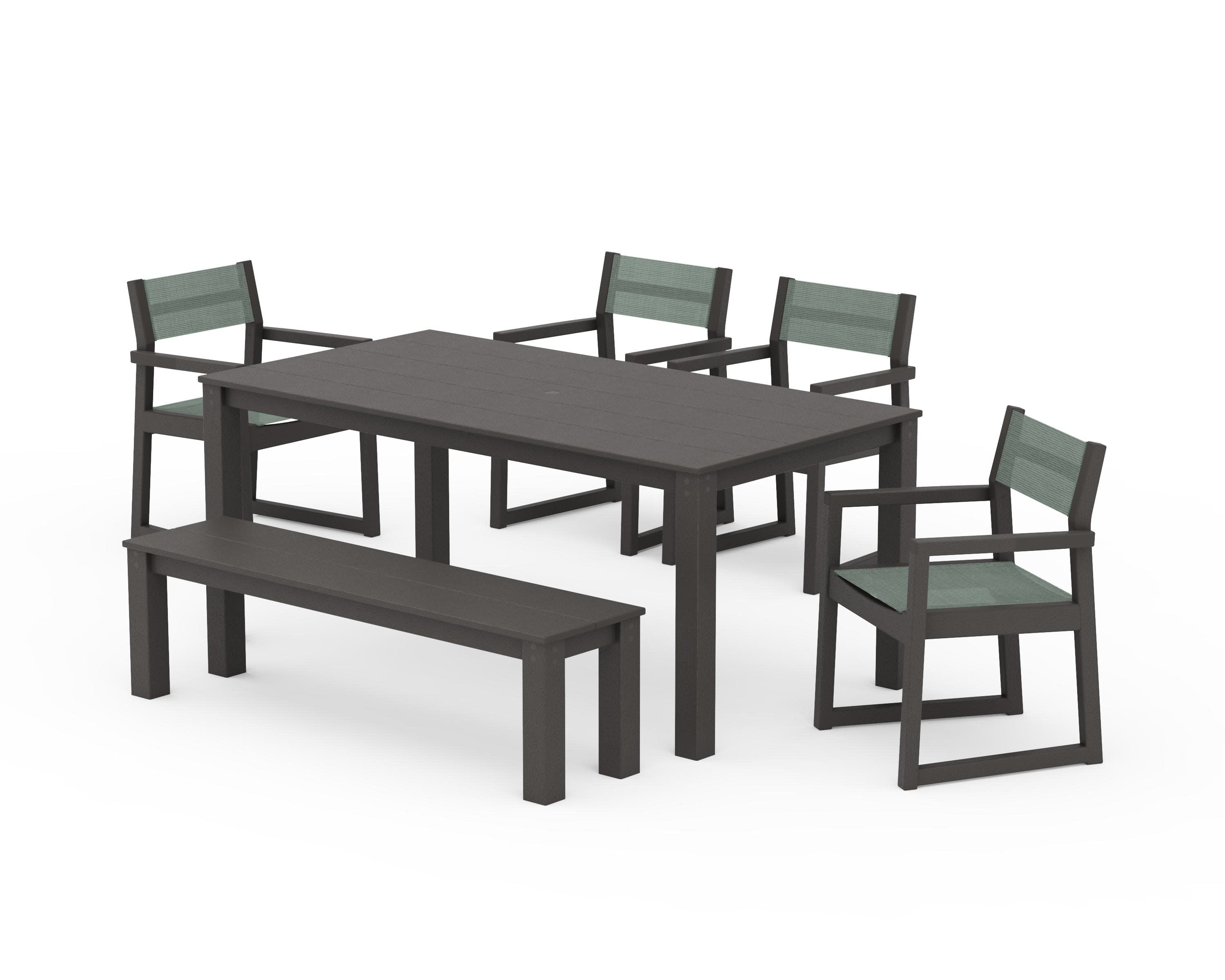 EDGE Sling Arm Chair 6-Piece Parsons Dining Set with Bench in Vintage Coffee / Dupioni Sea Mist Sling