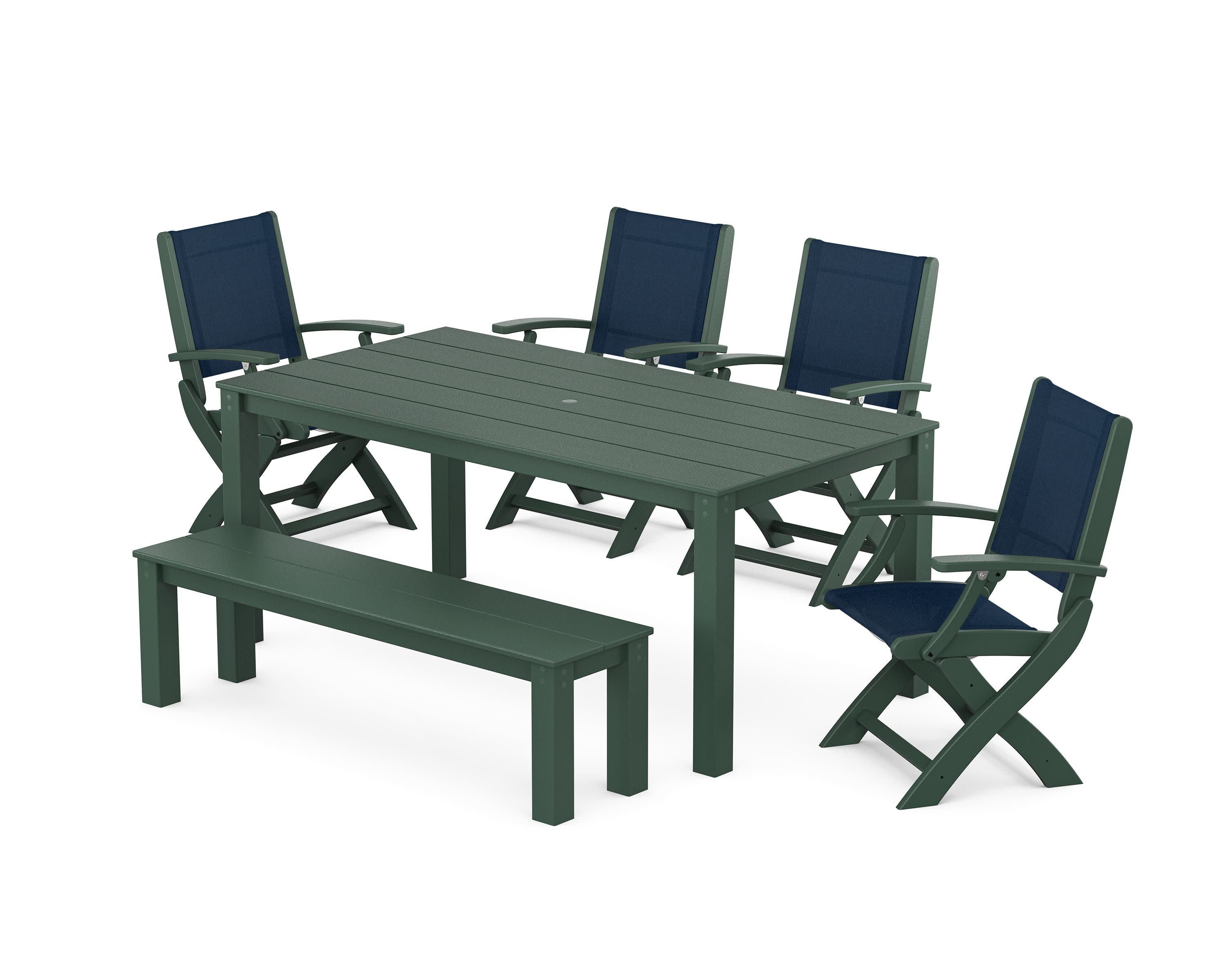 Coastal Folding Chair 6-Piece Parsons Dining Set with Bench in Green / Navy Blue Sling