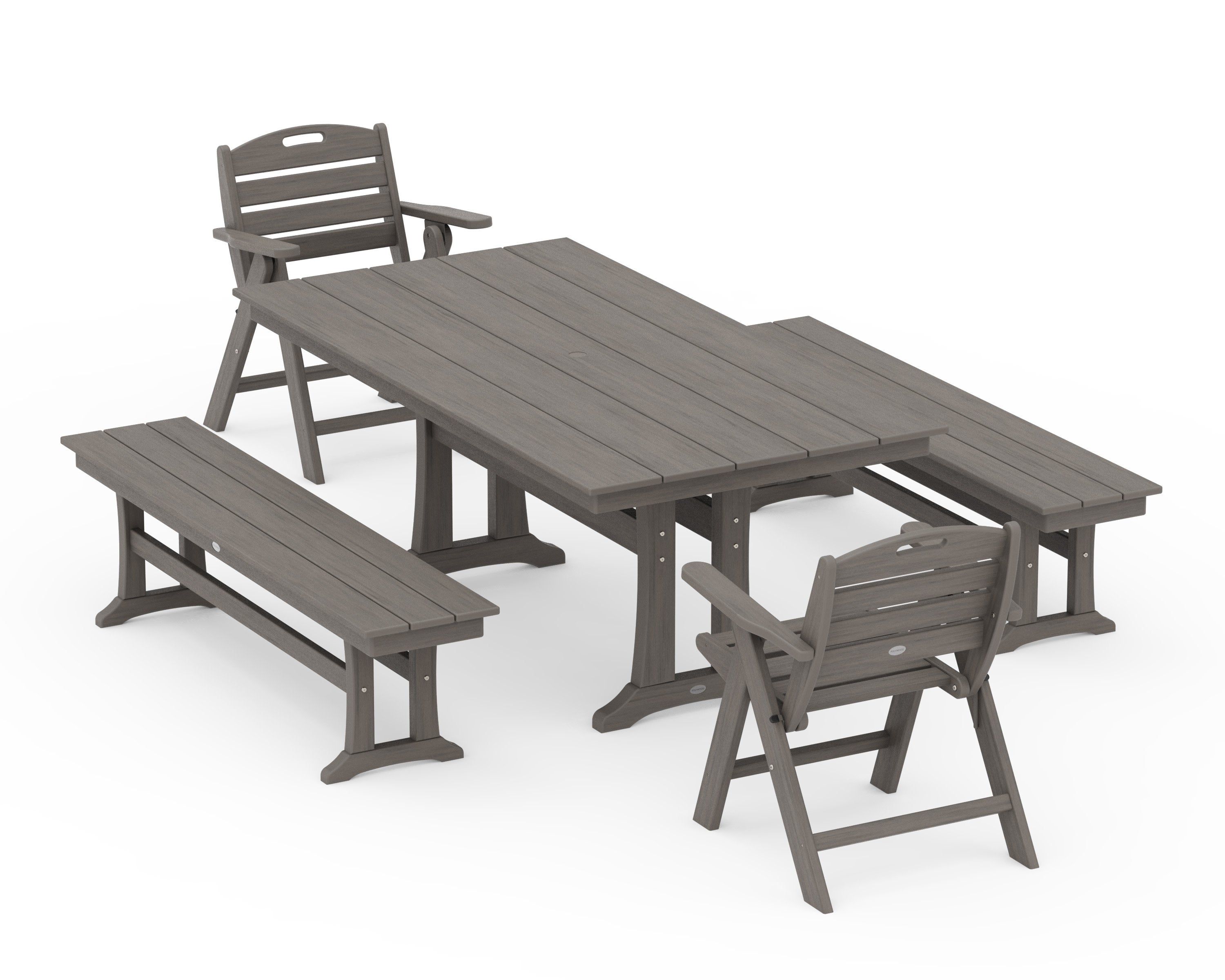 Nautical Folding Lowback Chair 5-Piece Farmhouse Dining Set With Trestle Legs in Driftwood