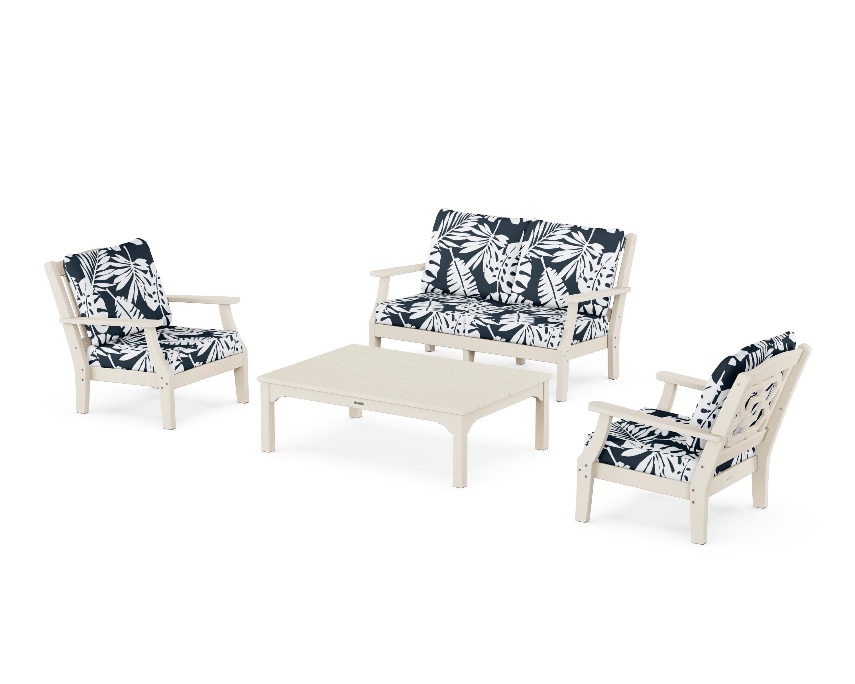 Chinoiserie 4-Piece Deep Seating Set with Loveseat in Sand / Leaf Marine Indigo
