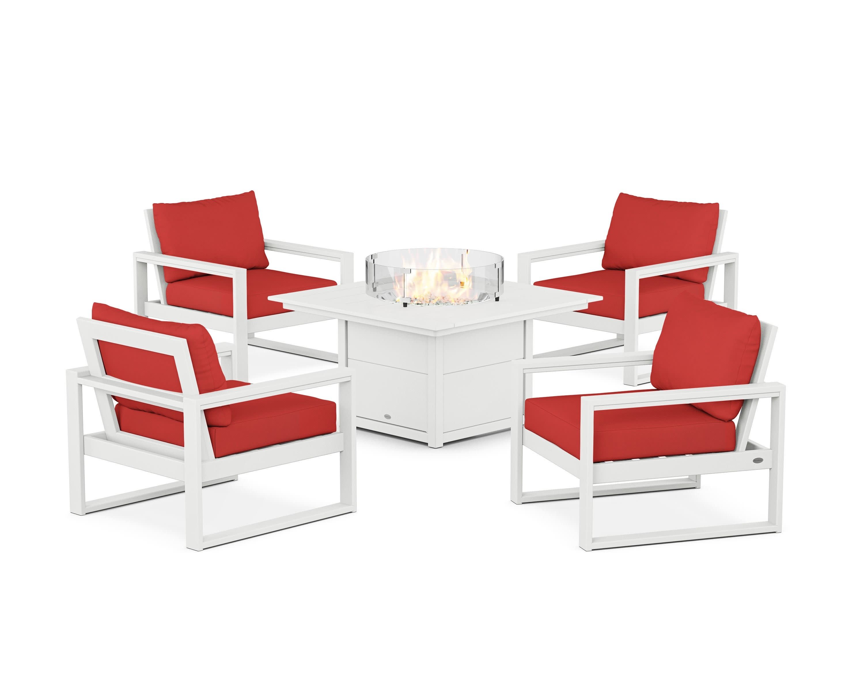 EDGE Sectional 5-Piece Deep Seating Set with Fire Pit Table in White / Crimson Linen