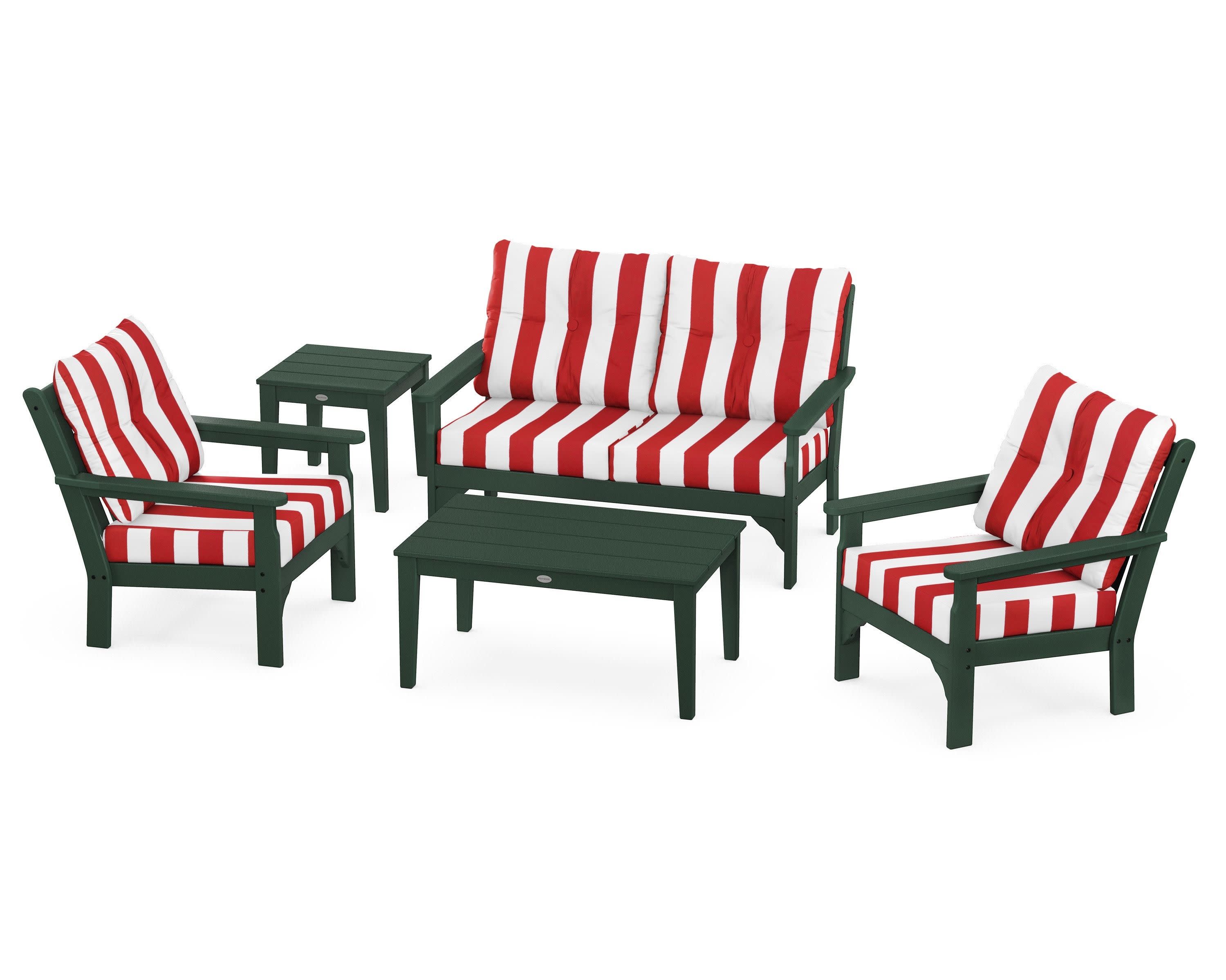 Vineyard 5-Piece Deep Seating Set in Green / Cabana Stripe Crimson