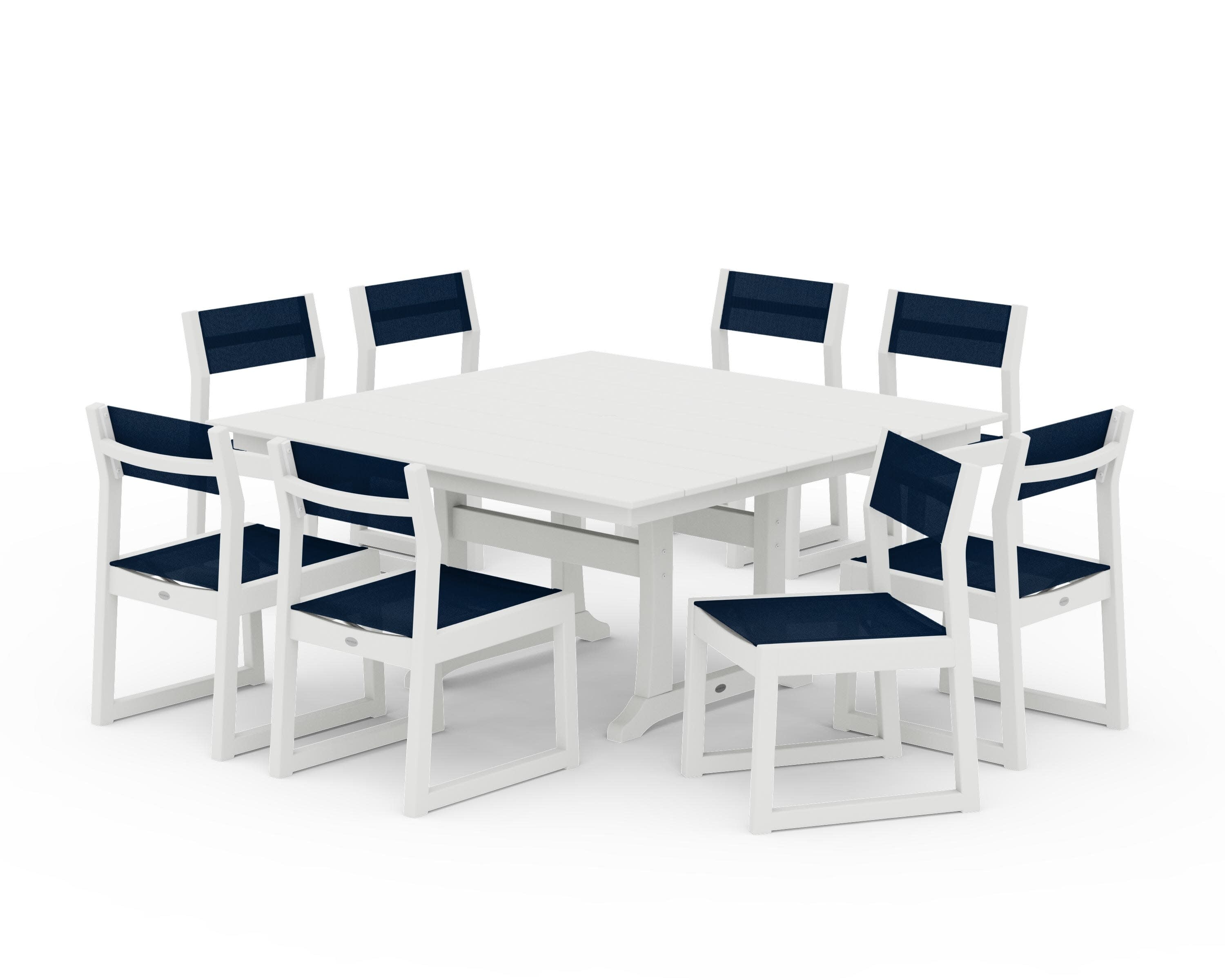 EDGE Sling Side Chair 9-Piece Farmhouse Trestle Dining Set in Vintage White / Navy Blue Sling