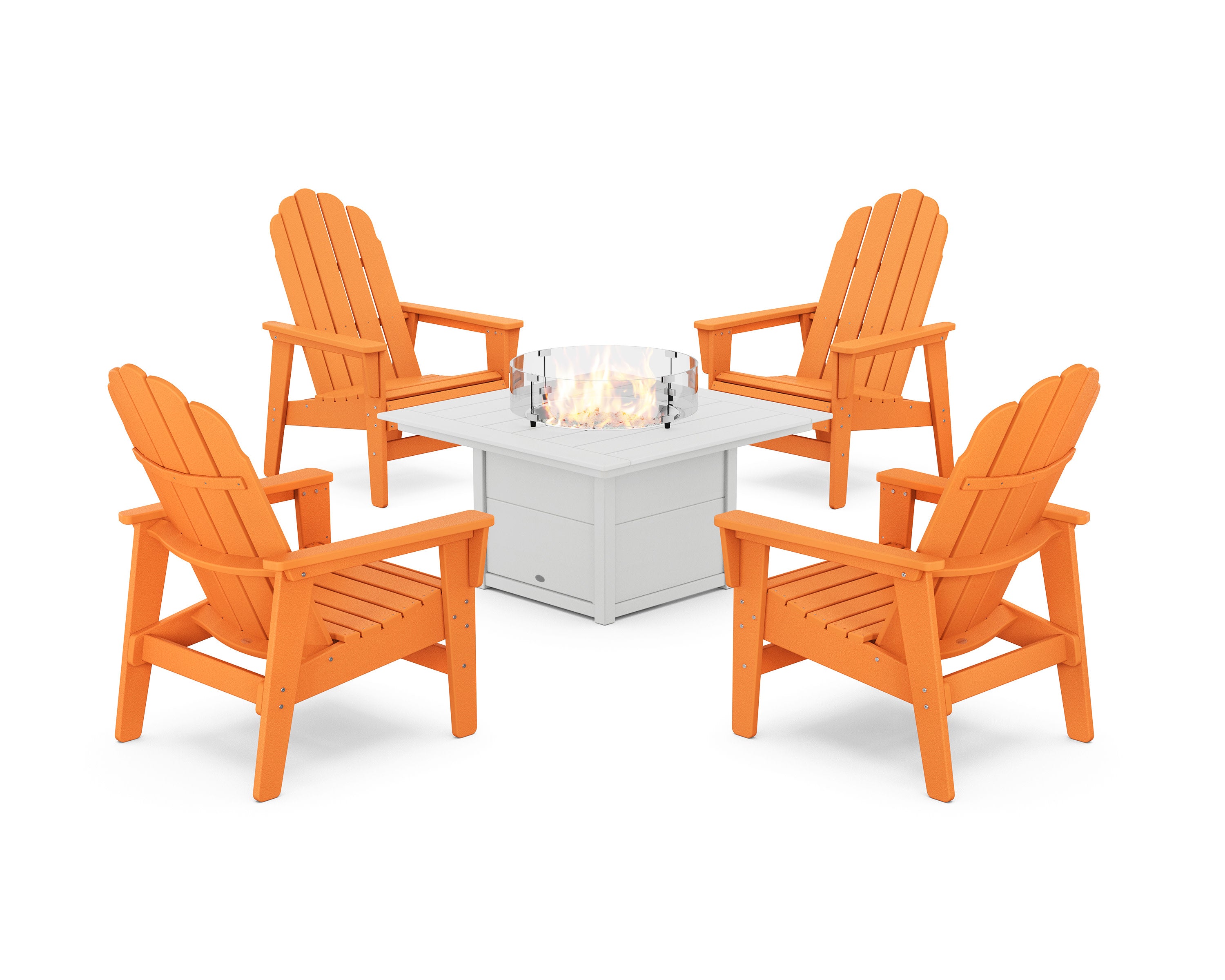 5-Piece Vineyard Grand Upright Adirondack Conversation Set with Fire Pit Table in Tangerine / White