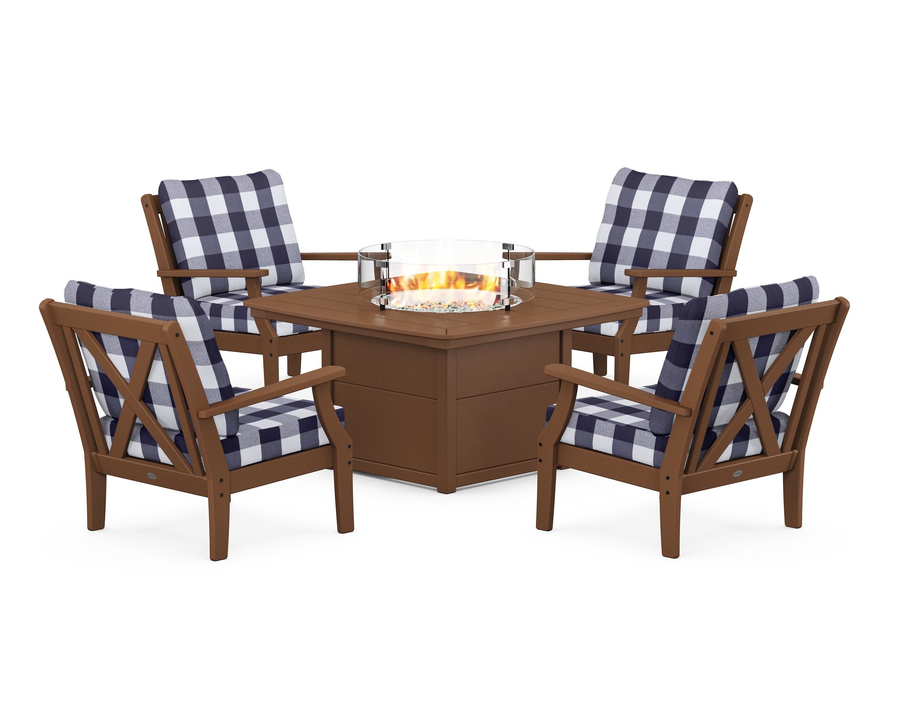 Braxton 5-Piece Deep Seating Conversation Set with Fire Pit Table in Teak / Buffalo Plaid Navy