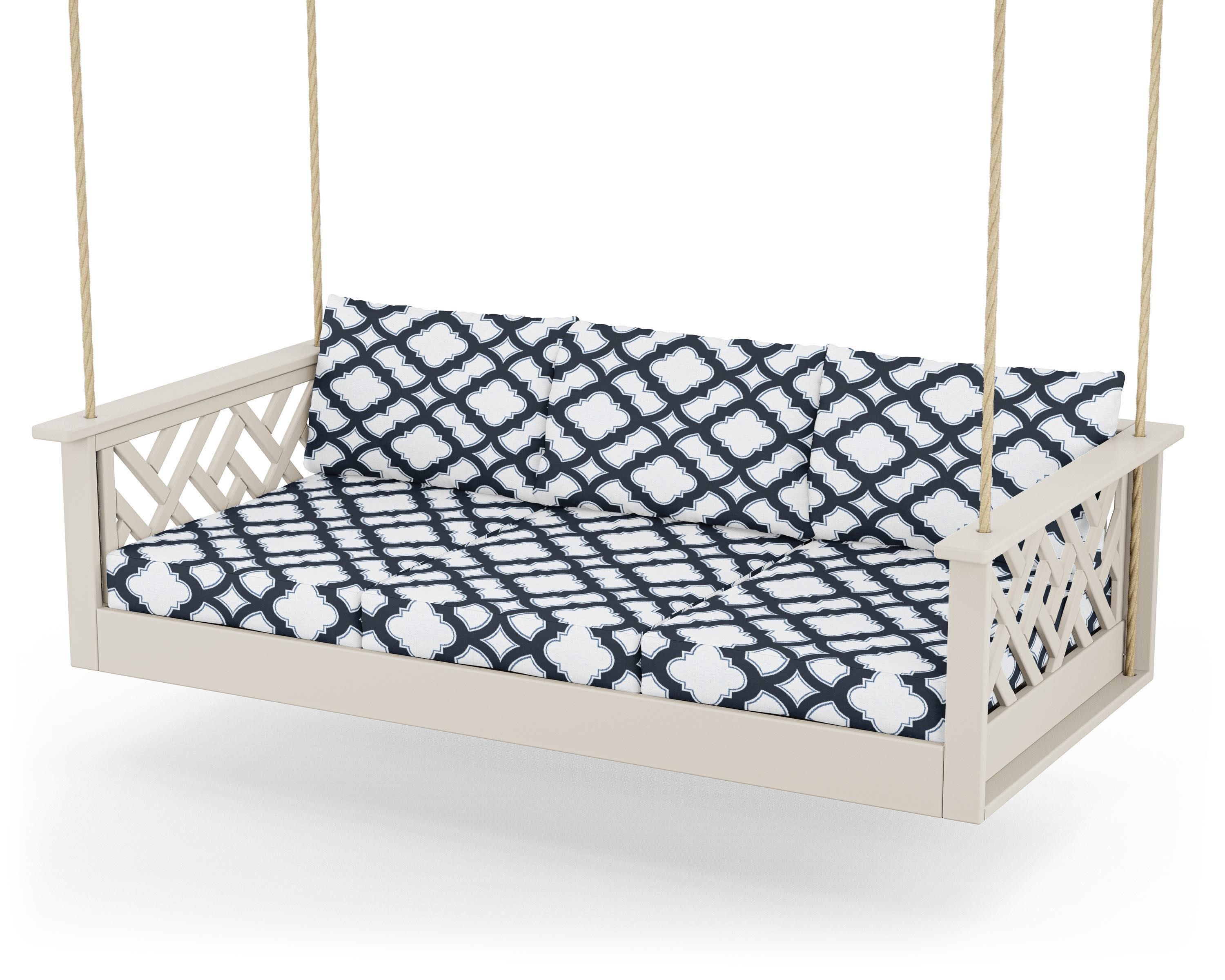 Chippendale Daybed Swing in Sand / Trellis Marine Indigo