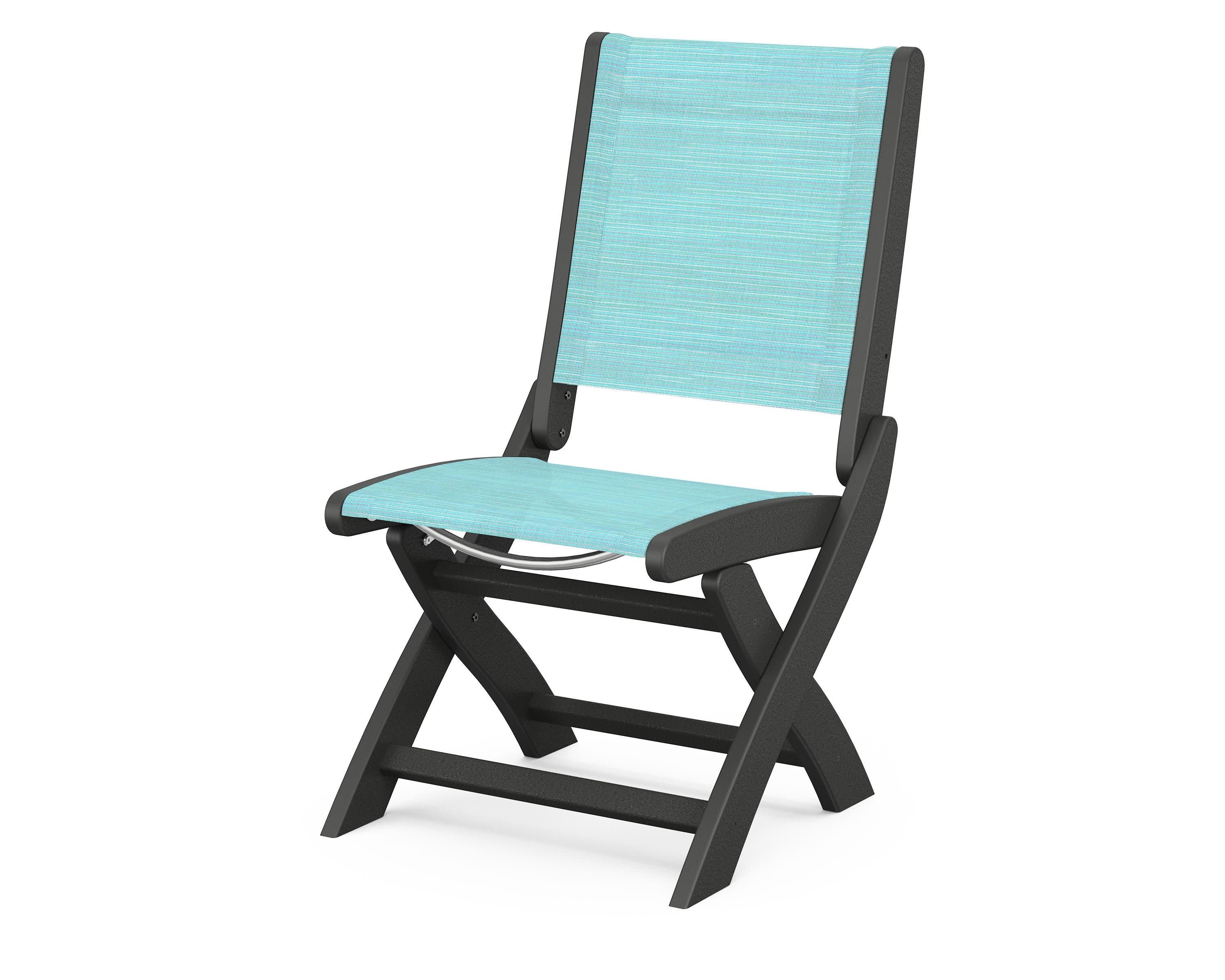 Coastal Folding Side Chair in Black / Dupioni Aquamarine Sling