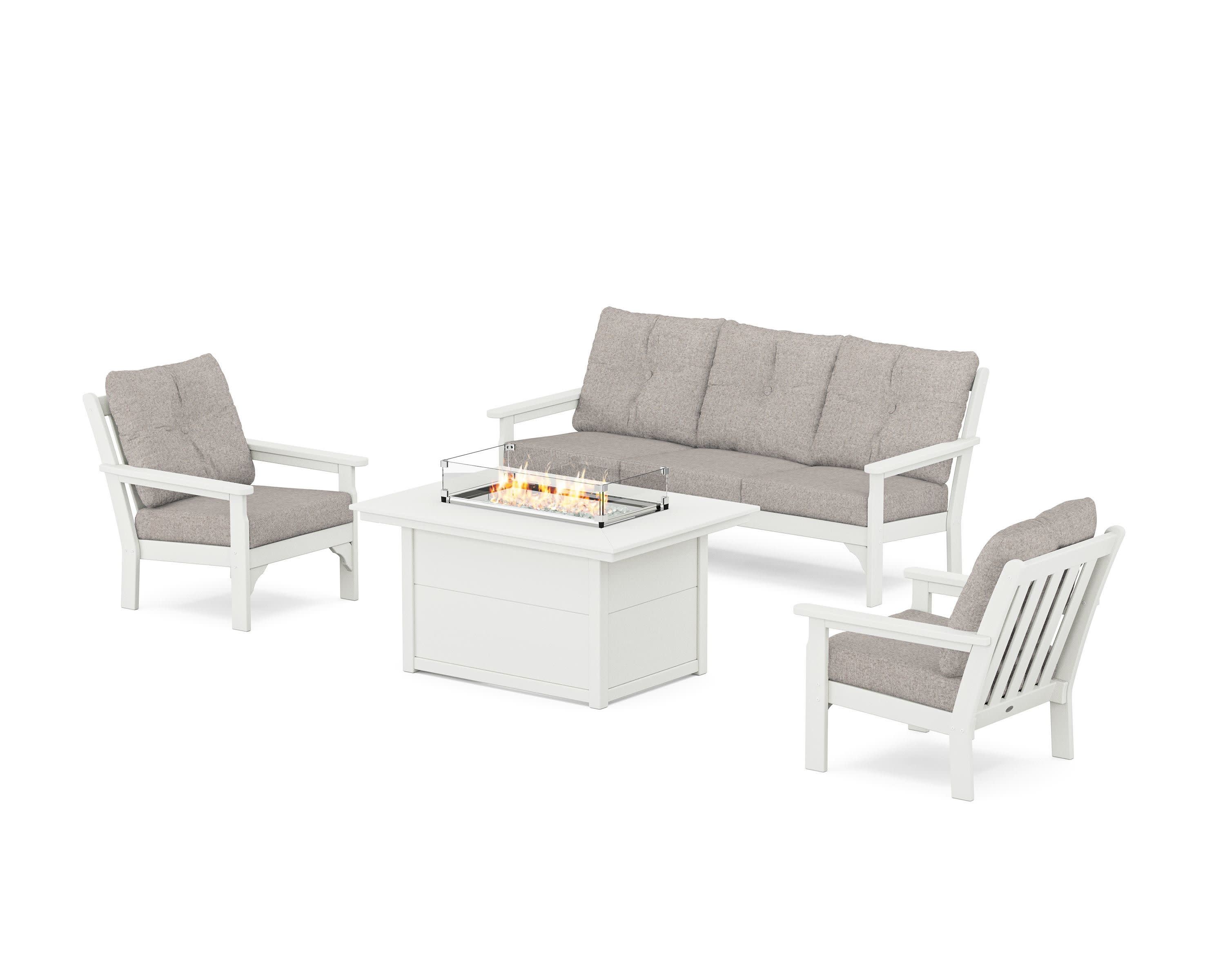 Vineyard Deep Seating Fire Pit Table Set in Vintage White / Weathered Tweed