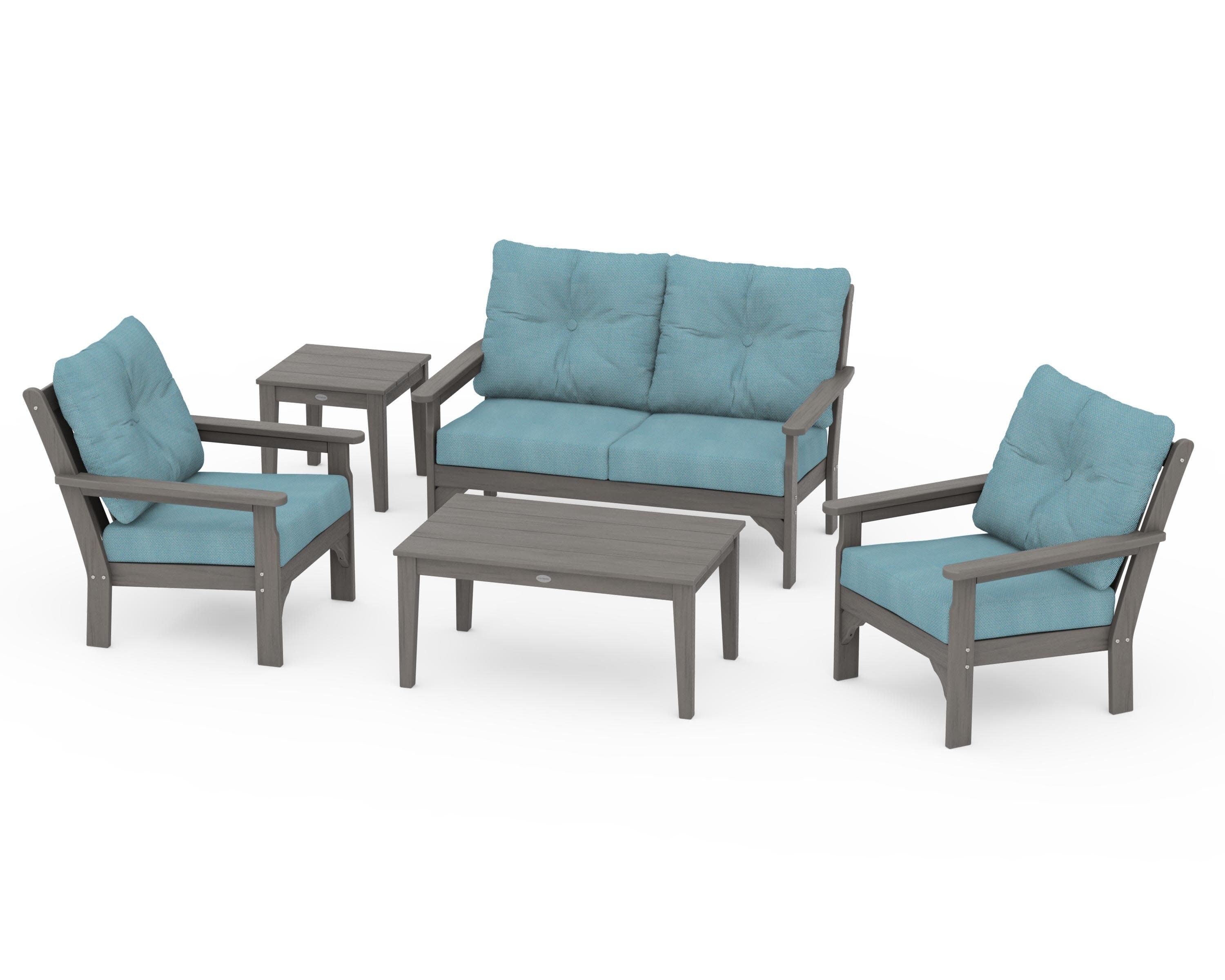 Vineyard 5-Piece Deep Seating Set in Driftwood / Lattice Sky Blue